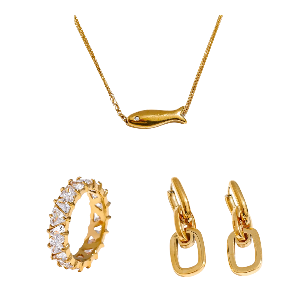 BESTSELLERS: gold fish pendant necklace, diamond-studded hoop ring, and gold geometric hoop earrings.