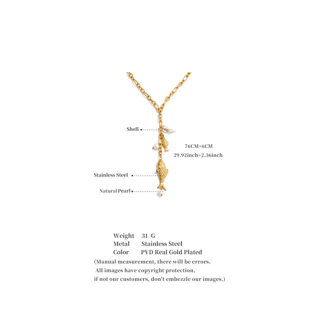 Yhpup Natural Pearls Shell Fish Pendant Chain Necklace 18K Golden PVD Plated Fashion Stainless Steel Charm Waterproof Jewelry by PoisedMe