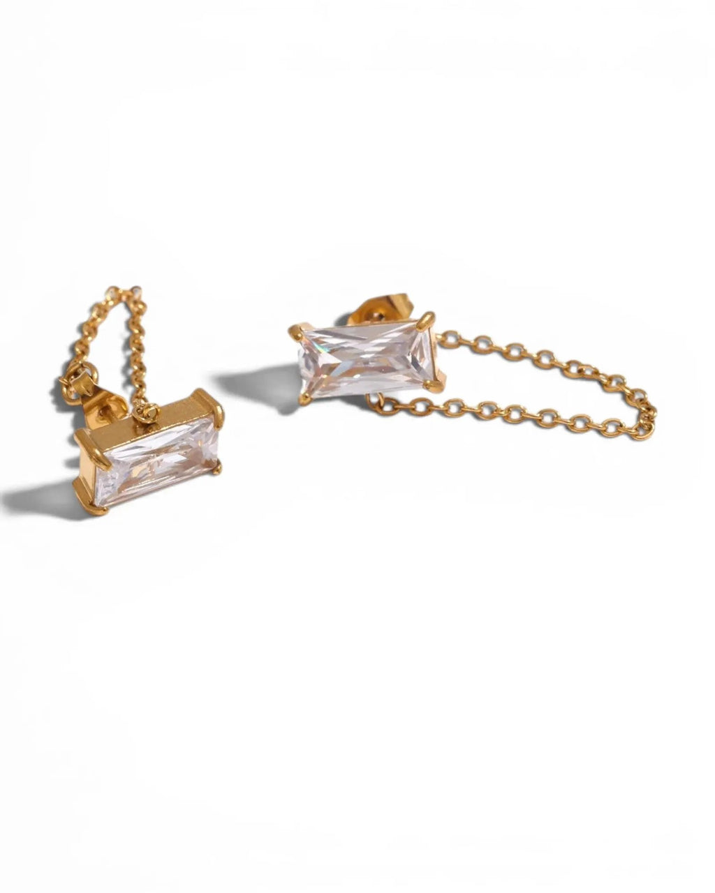 Gold Tone Cubic Zirconia Chain Drop Dangle 18K Gold PVD Plated Stainless Steel Earrings For Women by Poised Me Jewelry Studio