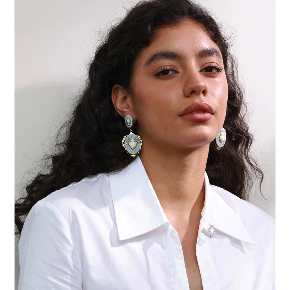 French Style Resin Heart Flower Drop Dangle Palace Earrings for Women Stainless Steel Fashion Vintage Jewelry Waterproof by PoisedMe