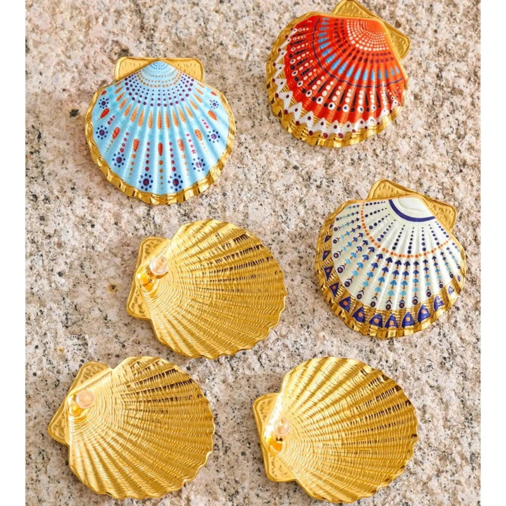 PoisedMe Ocean Style Enamel Shell Stud Earrings For Women Gold Tone - Earrings