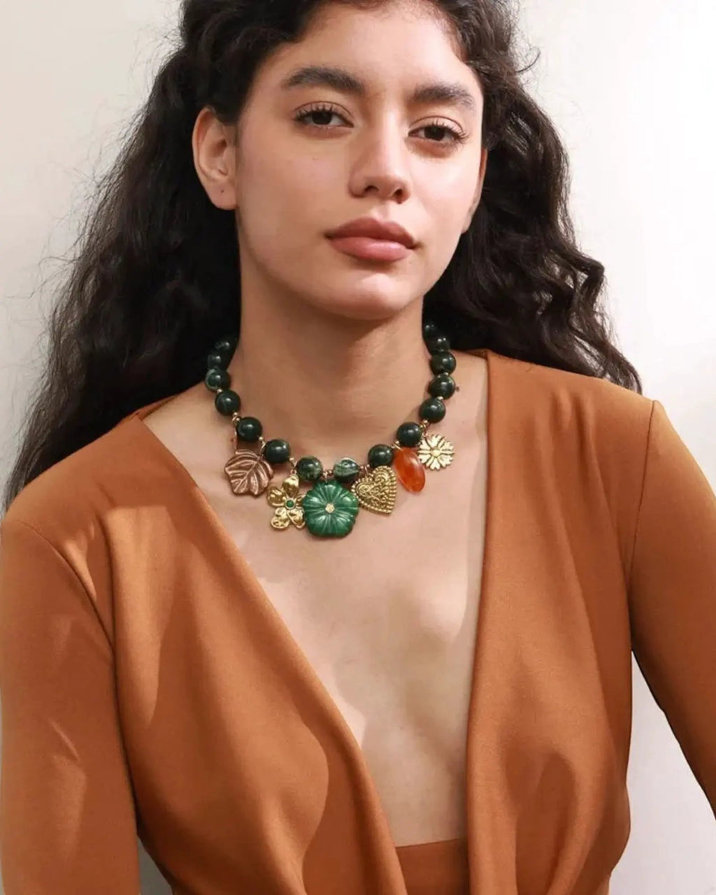 Green Acrylic Bead Necklace With Leaf Flower Heart Charms 18k Gold Plated PVD Stainless Steel by Poised Me Jewelry Studio