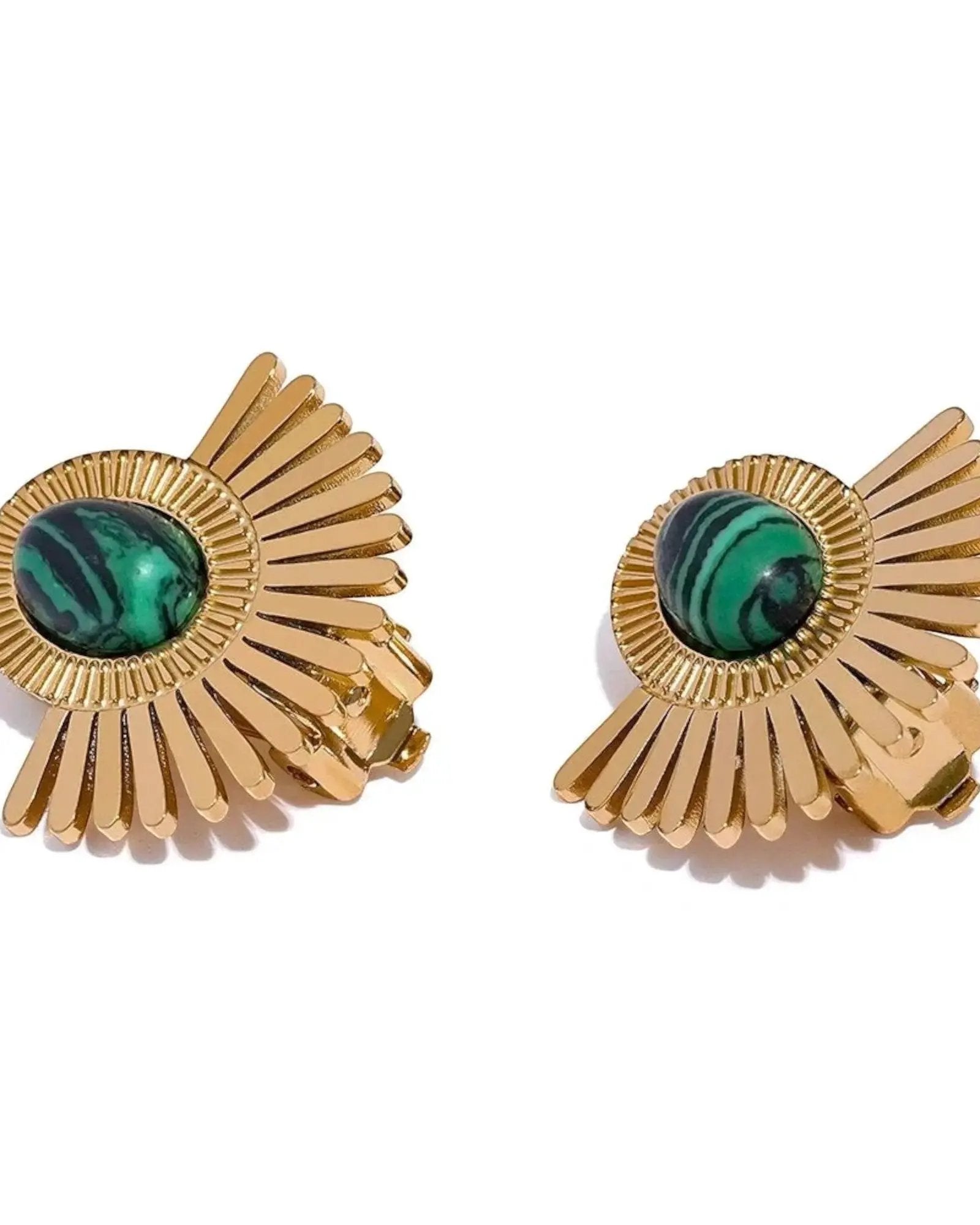 Gold Tone Sunburst Clip Earrings With Green Malachite Stone Statement Jewelry by Poised Me Jewelry Studio