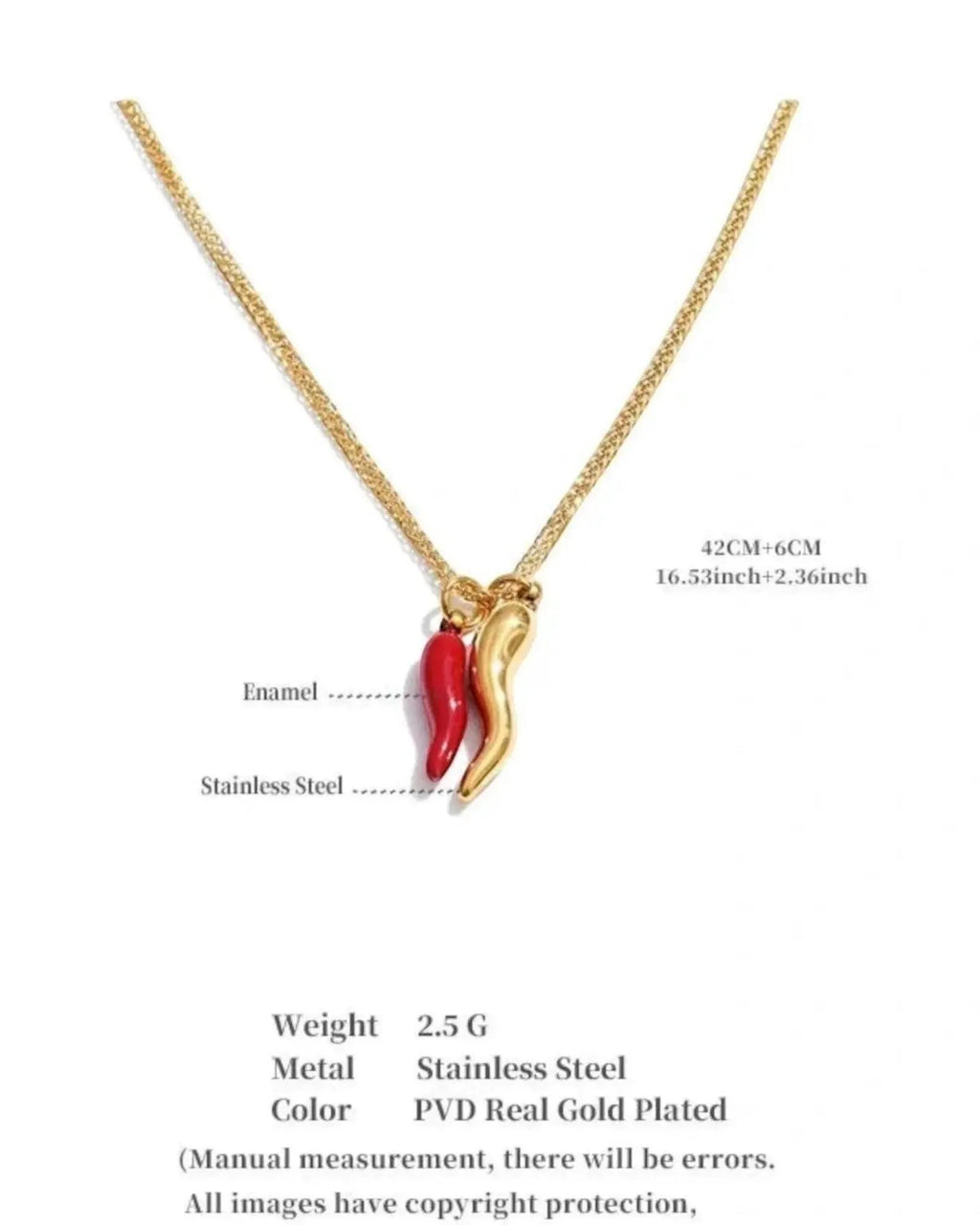 Enamel Red Chili Pepper Necklace Pendant Gold Plated Stainless Steel PVD Jewelry by Poised Me Jewelry Studio