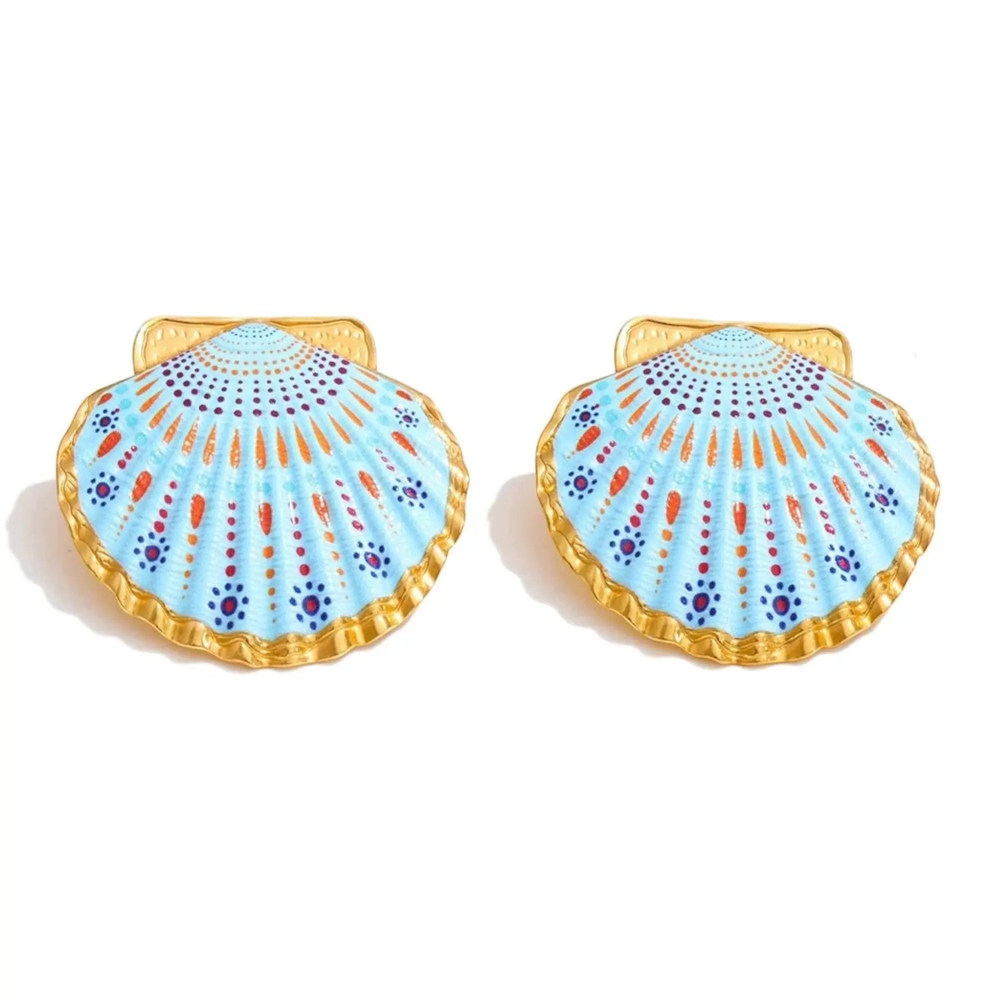 PoisedMe Ocean Style Enamel Shell Stud Earrings For Women Gold Tone - Earrings