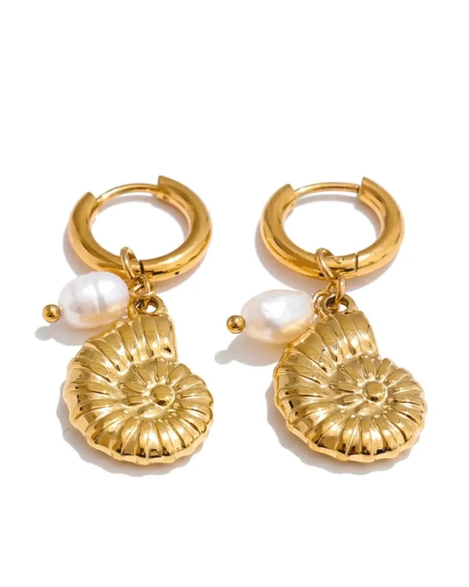 Ocean Style Natural Pearl Conch Shell Starfish Hoop 18K Plated PVD Stainless Steel Earrings Set For Women by Poised Me Jewelry Studio