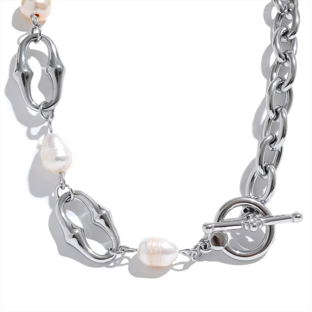 Freshwater Pearl & 18K Gold / Silver Chain Bracelet – Modern Sculptural Toggle Jewelry for Women by PoisedMe