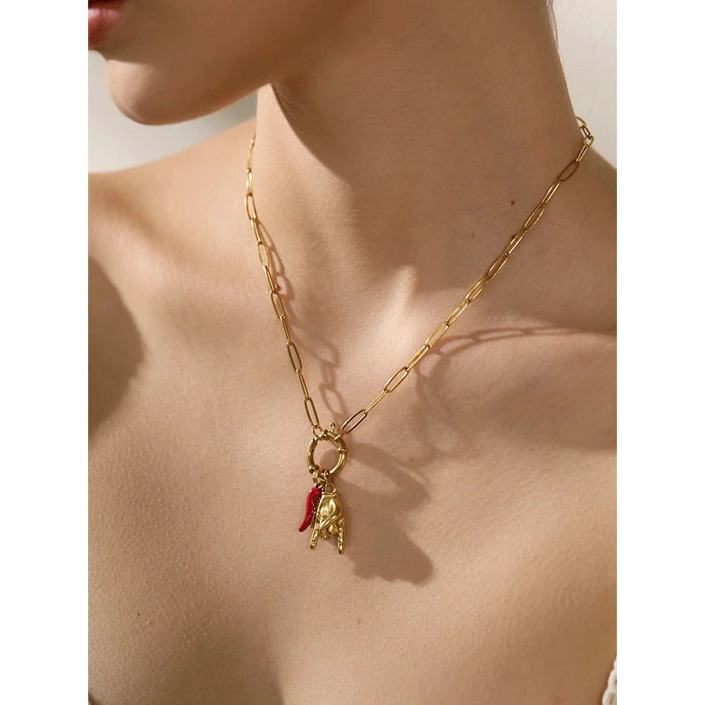 316L Stainless Steel Palm Red Chili Heart Charm Pendant Necklace For Women by PoisedMe
