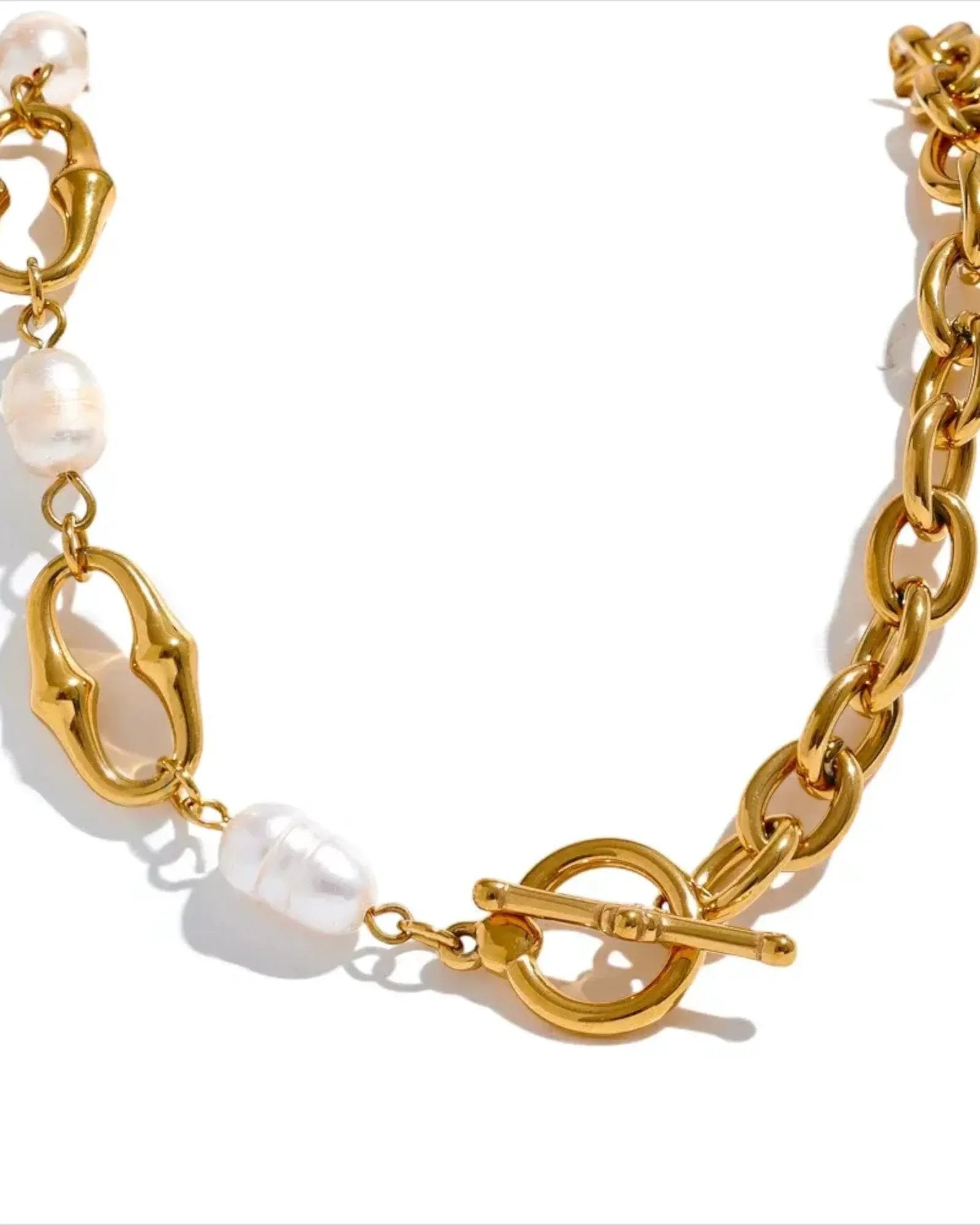 Freshwater Pearl And Metal Chain Necklace With 18K PVD Plated Accent by Poised Me Jewelry Studio