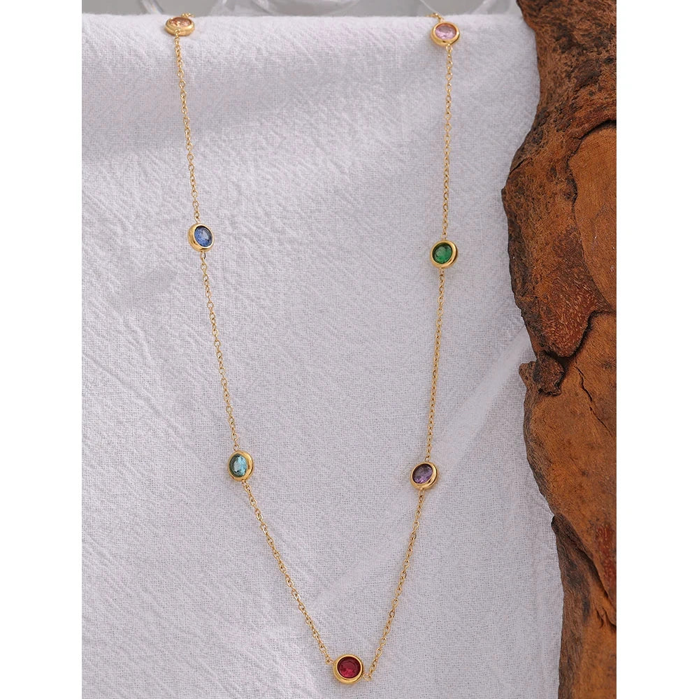 316L Stainless Steel Chain Necklace Delicate Colorful Cubic Zirconia Collar by PoisedMe
