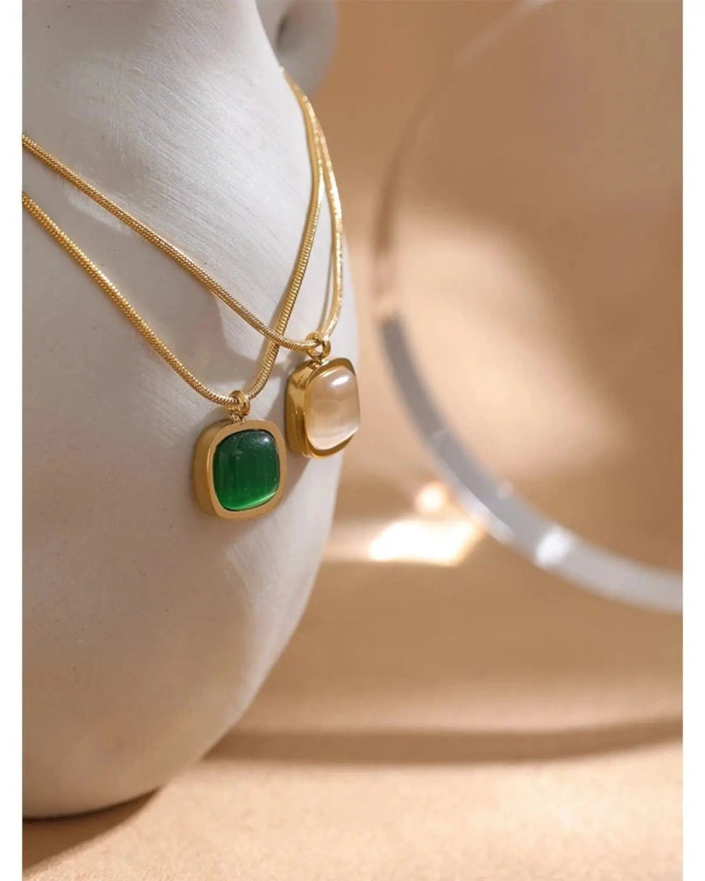 Green Opal Square Pendant Necklace — Minimalist 18k Gold Plated PVD Stainless Steel by Poised Me Jewelry Studio