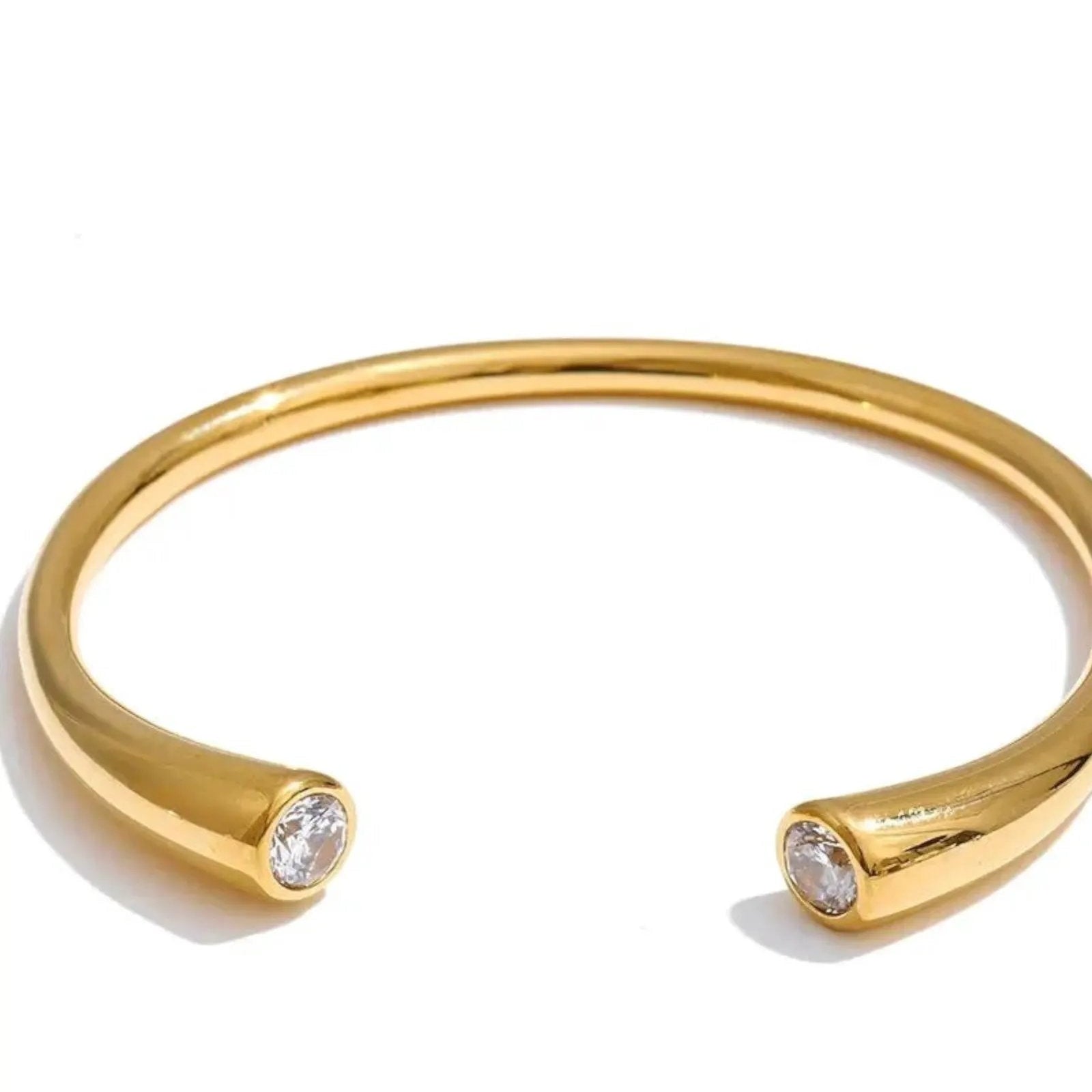 Cubic Zirconia 18K Gold PVD Plated Stainless Steel Open Cuff 60mm Bracelet For Women by Poised Me Jewelry Studio