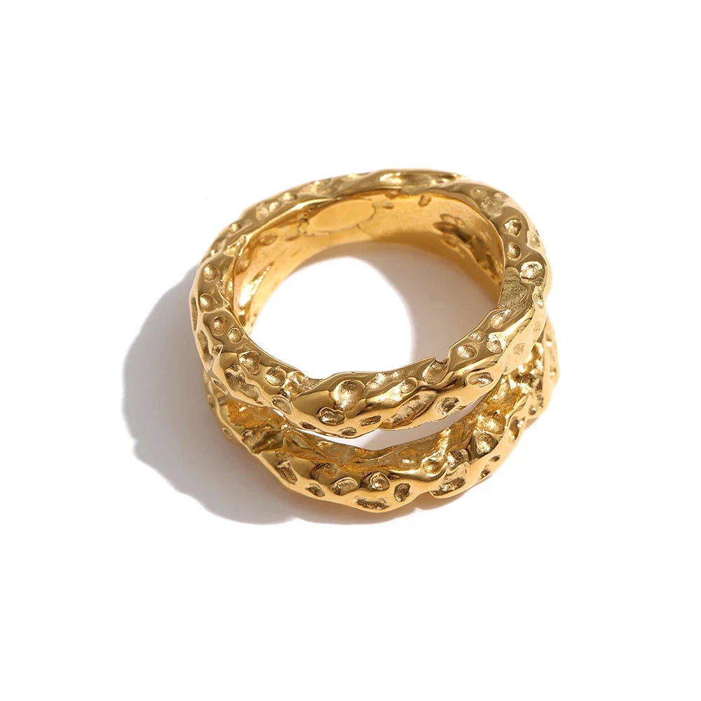 Stainless Steel Round Rings For Women Gold Textured 18K Plated Statement Jewelry by PoisedMe