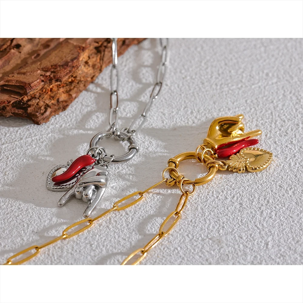 316L Stainless Steel Palm Red Chili Heart Charm Pendant Necklace For Women by PoisedMe