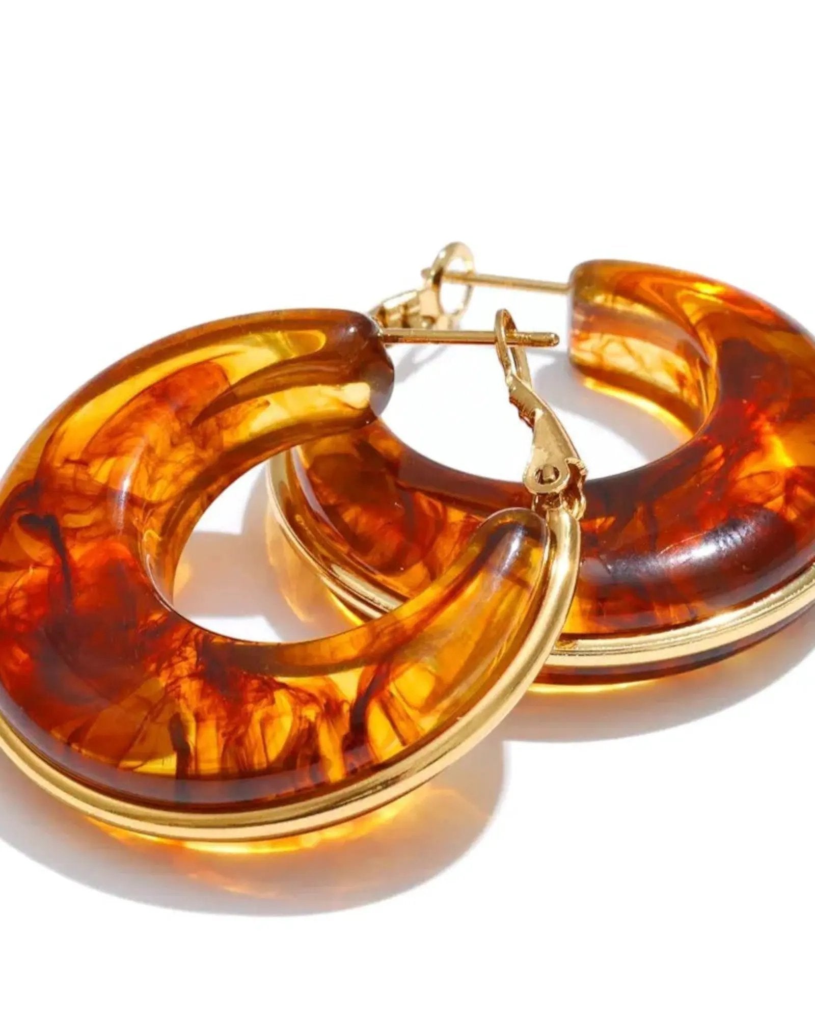 Green Marble Acrylic Hoop Earrings With 18K Gold PVD Plated Stainless Steel Trim For Women by Poised Me Jewelry Studio