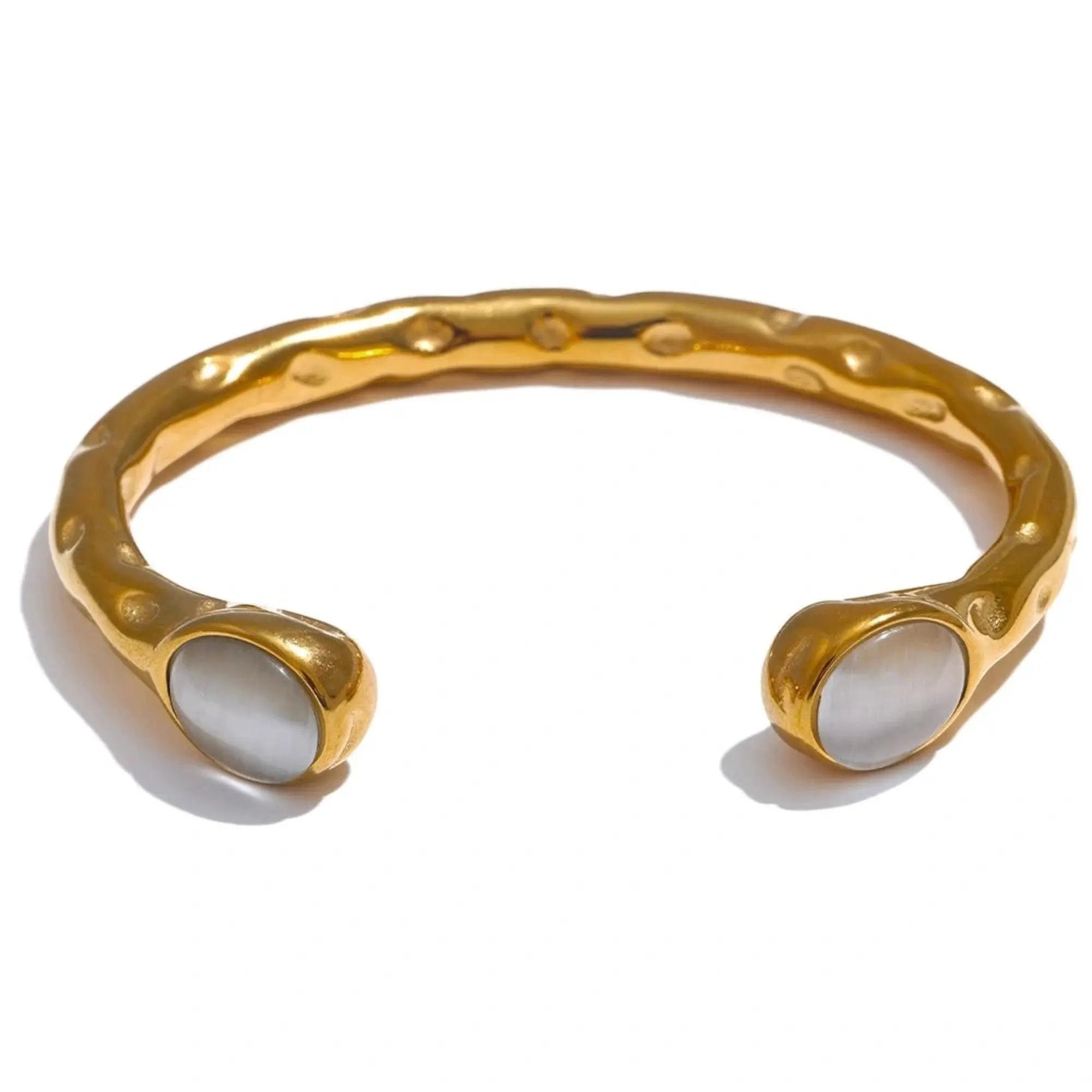 PoisedMe 62mm Stainless Steel Natural Stone Water Resistant Golden Open Cuff Bracelet - Bracelets