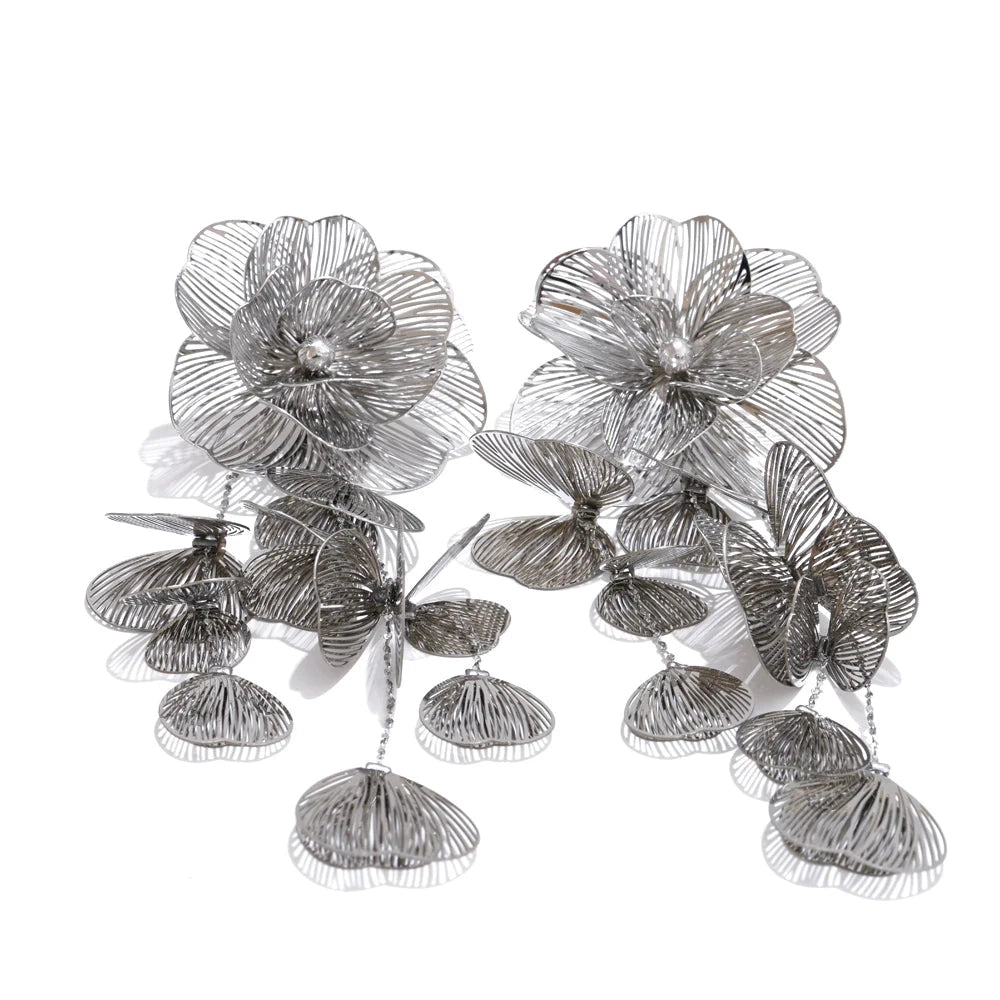 Stainless Steel Big Flower Tassel Drop Dangle Exaggerated Earrings Metal Fashion Eye-Catching Party Jewelry Hypoallergenic by PoisedMe