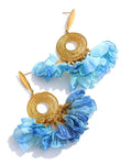 Handmade Bohemian Blue Cloth Flower Drop 18K Gold PVD Plated Stainless Steel Earrings by Poised Me Jewelry Studio