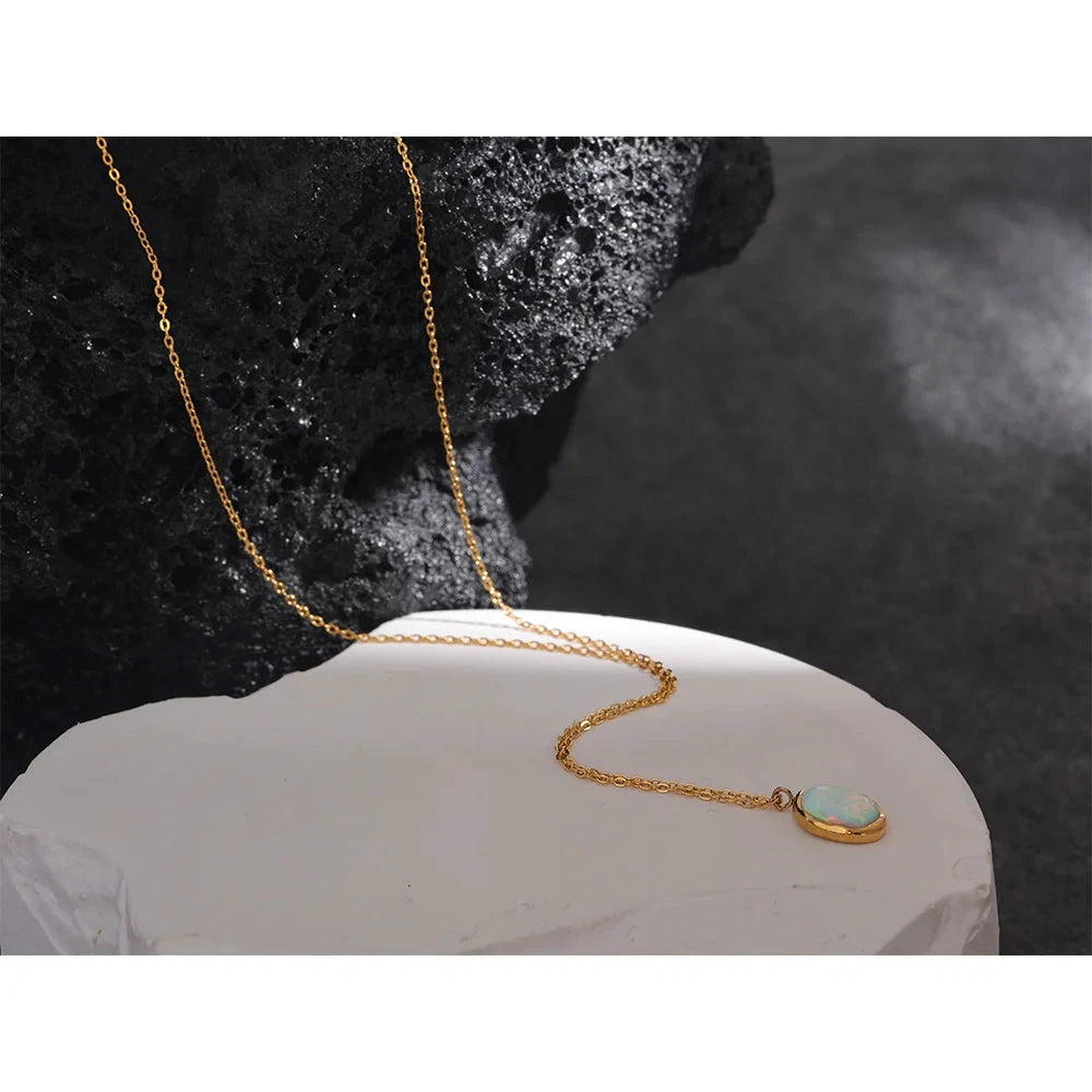 Exquisite Stylish Processed Opal Stone Minimalist Small Chic Pendant Necklace 18k Gold Plated Jewelry for Women Gift by PoisedMe