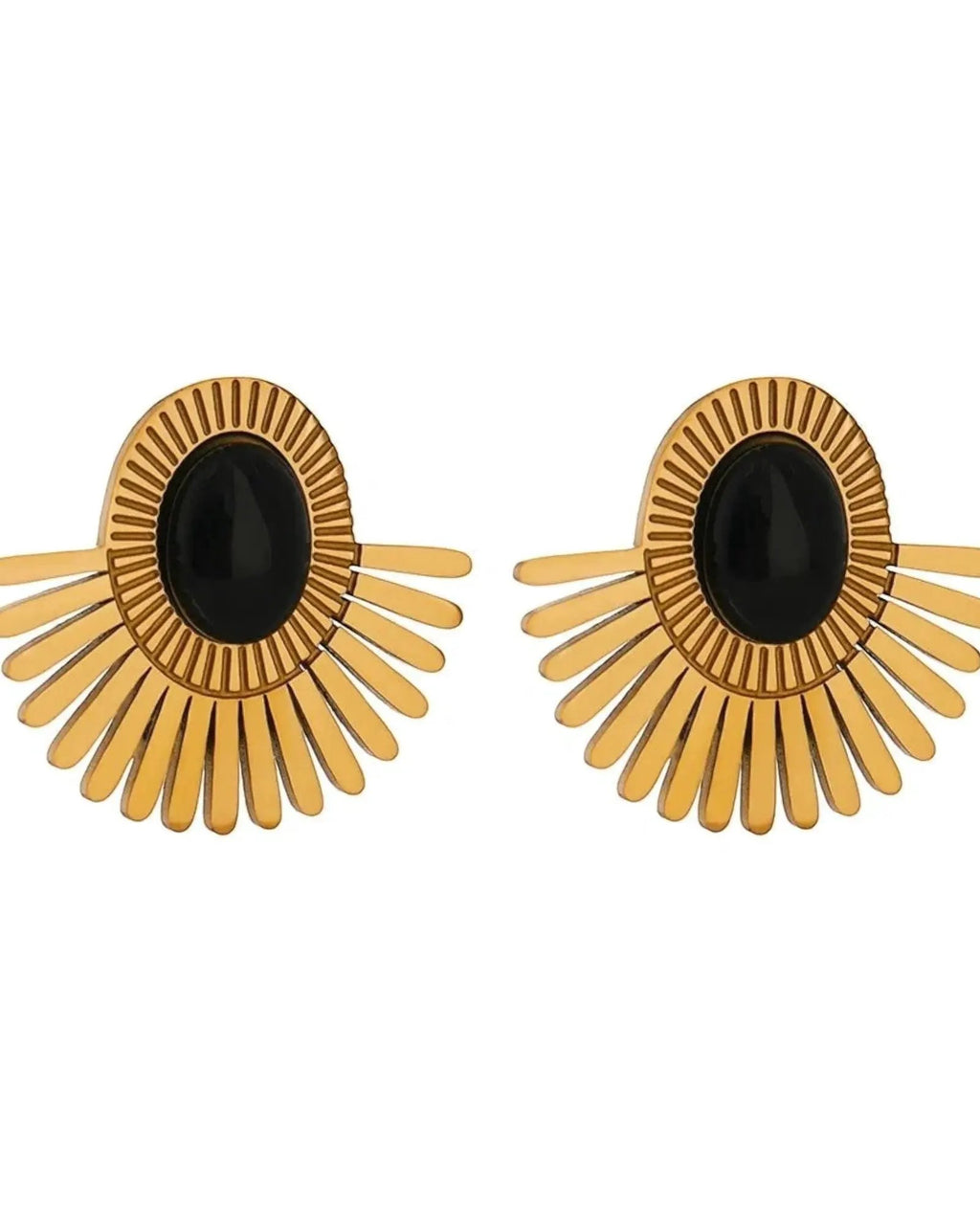 Gold Tone Sunburst Clip Earrings With Green Malachite Stone Statement Jewelry by Poised Me Jewelry Studio