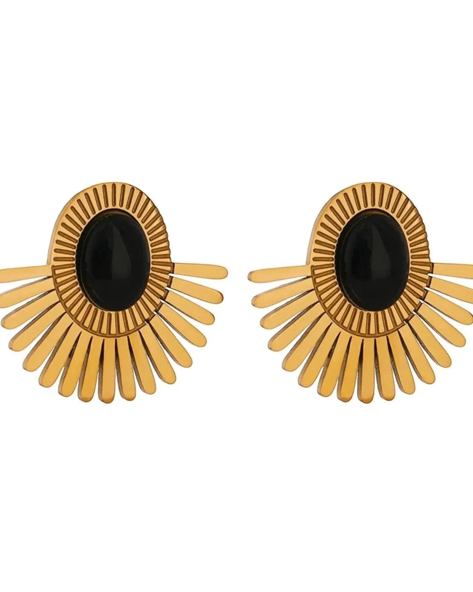 Gold Tone Sunburst Clip Earrings With Green Malachite Stone Statement Jewelry by Poised Me Jewelry Studio