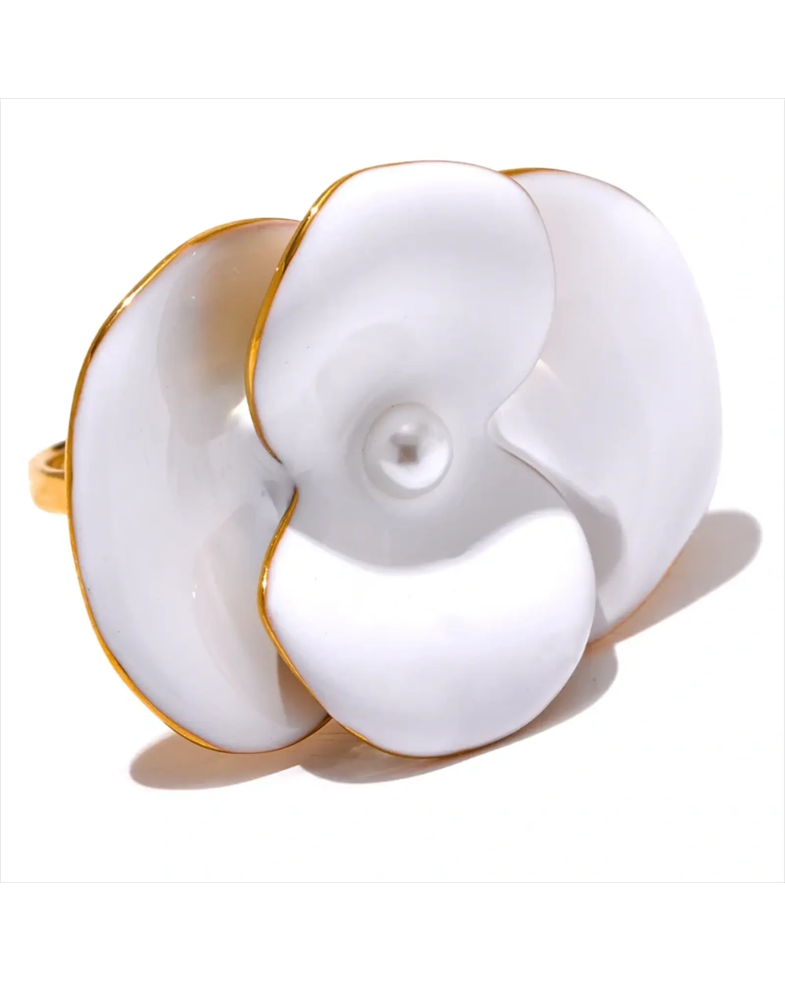 White Enamel Flower Ring Adjustable Stainless Steel Waterproof Jewelry for Women by Poised Me Jewelry Studio