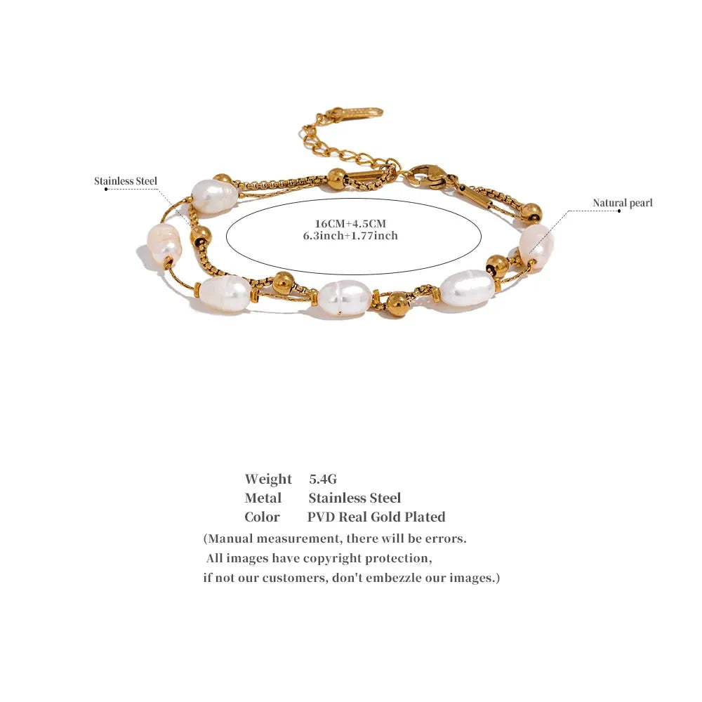 PoisedMe Natural Pearls Double Layer Chain Stainless Steel Charm Bracelet Bangle Women Stylish Summer Jewelry Waterproof -