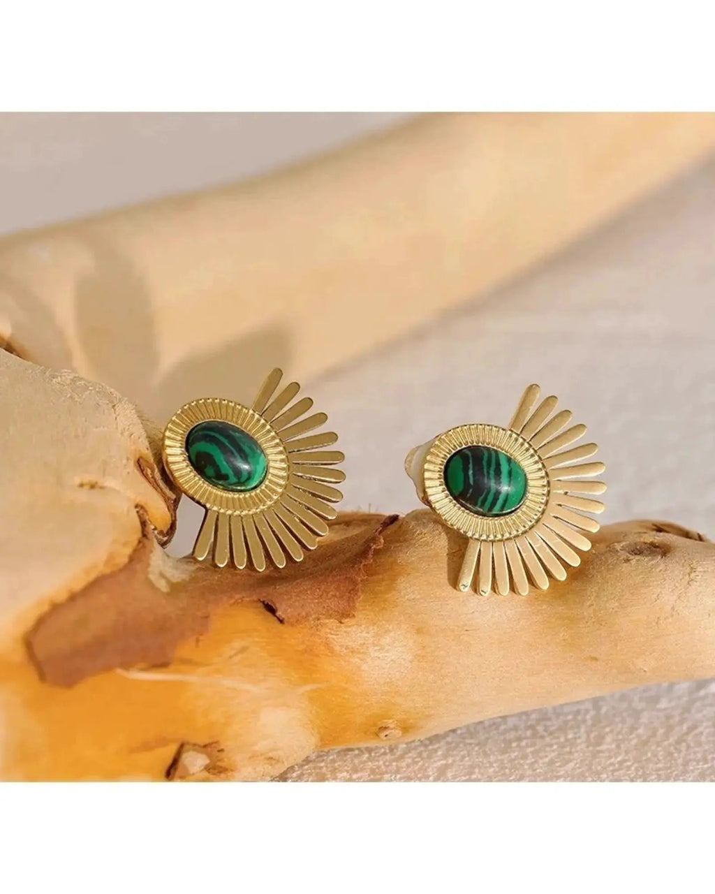 Gold Tone Sunburst Clip Earrings With Green Malachite Stone Statement Jewelry by Poised Me Jewelry Studio