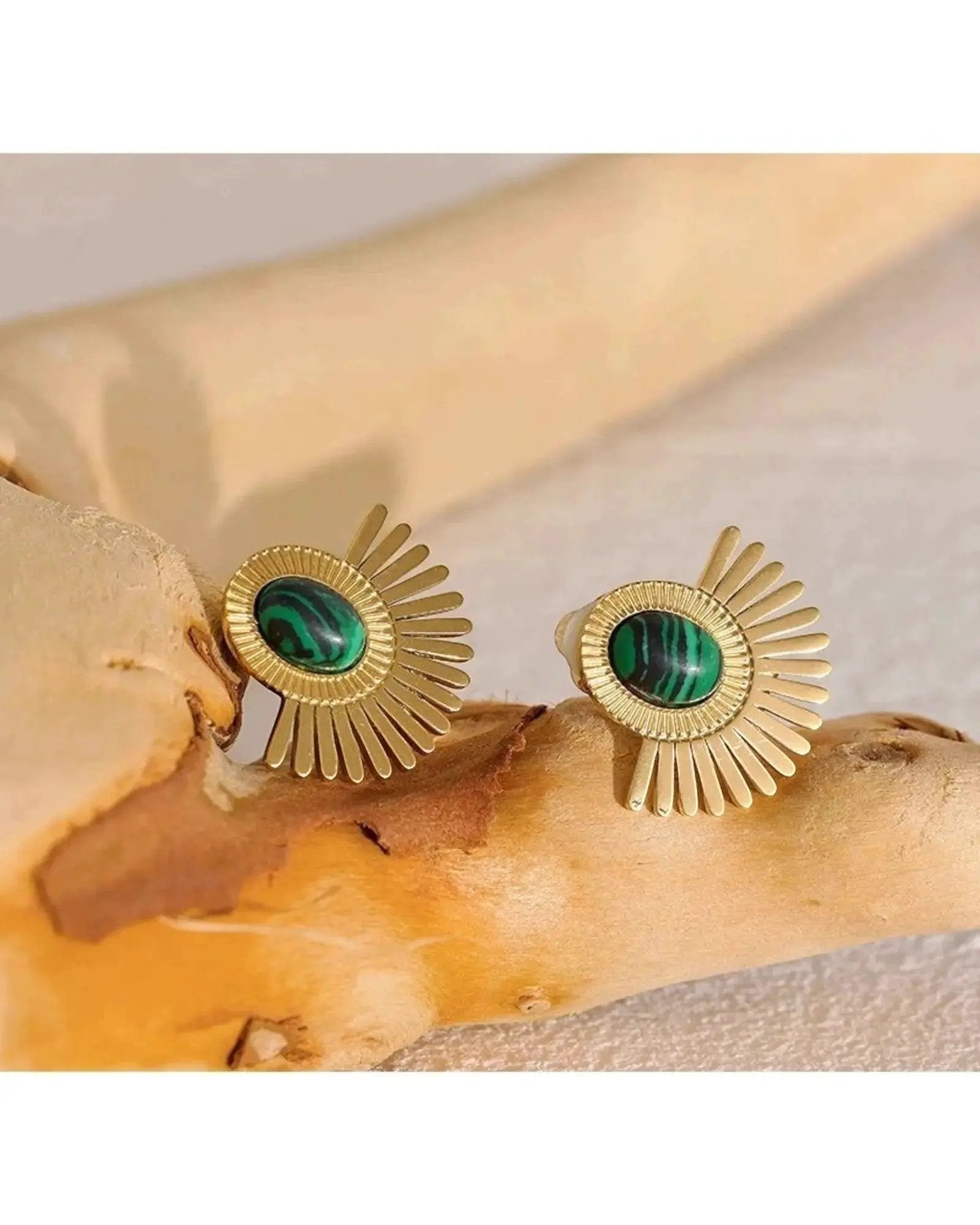 Gold Tone Sunburst Clip Earrings With Green Malachite Stone Statement Jewelry by Poised Me Jewelry Studio