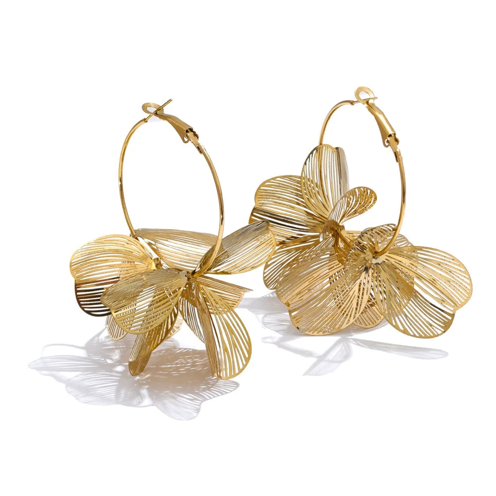 Floral Statement Hoop Earrings – Large 3D Petal Design | Waterproof Gold &amp; Silver Stainless Steel Jewelry for Women by PoisedMe