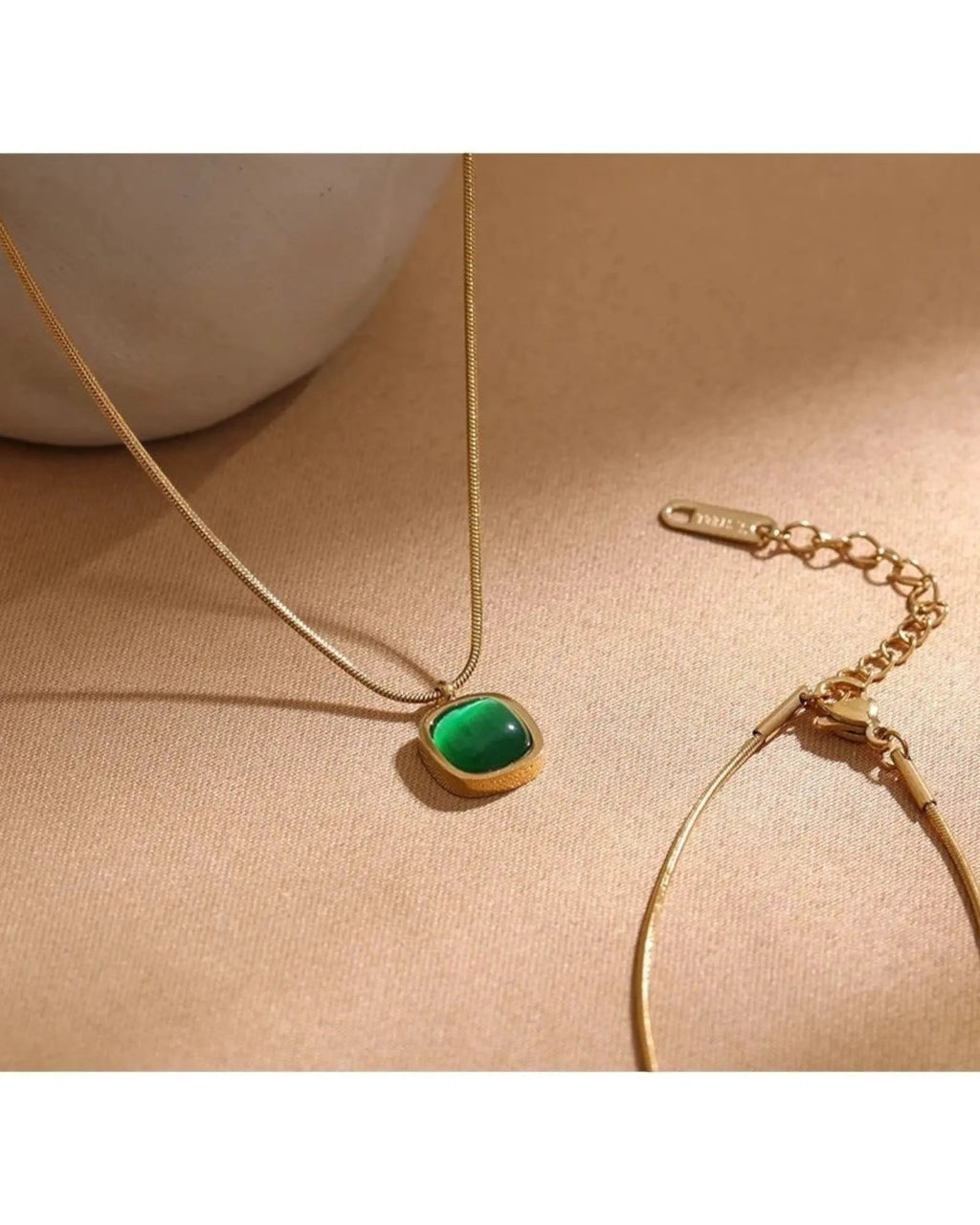 Green Opal Square Pendant Necklace — Minimalist 18k Gold Plated PVD Stainless Steel by Poised Me Jewelry Studio