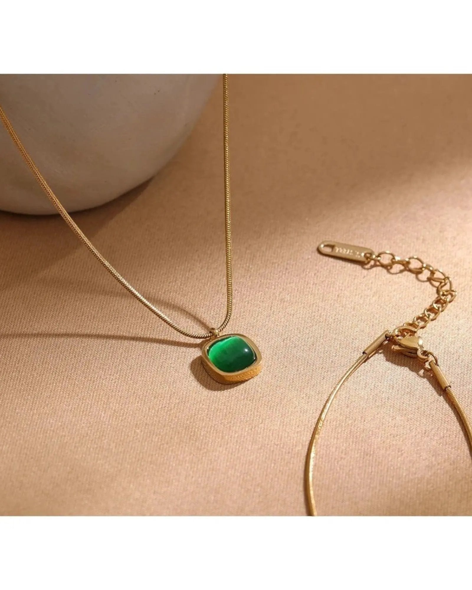 Green Opal Square Pendant Necklace — Minimalist 18k Gold Plated PVD Stainless Steel by Poised Me Jewelry Studio
