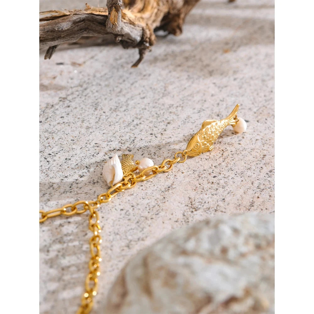 Yhpup Natural Pearls Shell Fish Pendant Chain Necklace 18K Golden PVD Plated Fashion Stainless Steel Charm Waterproof Jewelry by PoisedMe