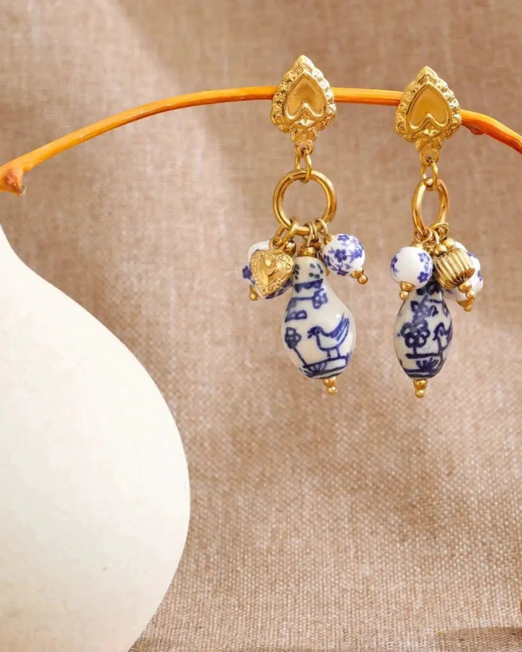Blue And White Ceramic Flower Heart Drop 18K Gold PVD Plated Stainless Steel Earrings With Gold Charms by Poised Me Jewelry Studio