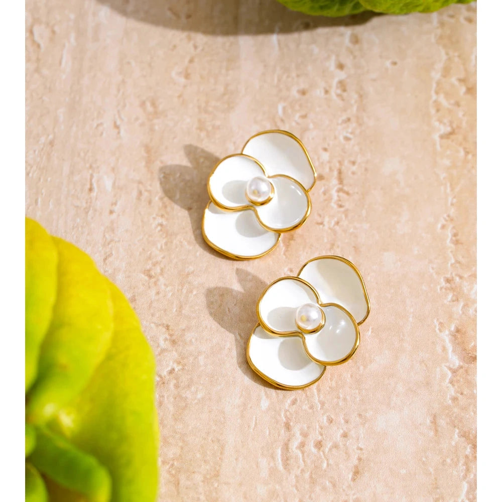 White Enamel Pearls Flower Stud Earrings for Women Golden Stainless Steel Daily Fashion Jewelry Recommend Gift by PoisedMe
