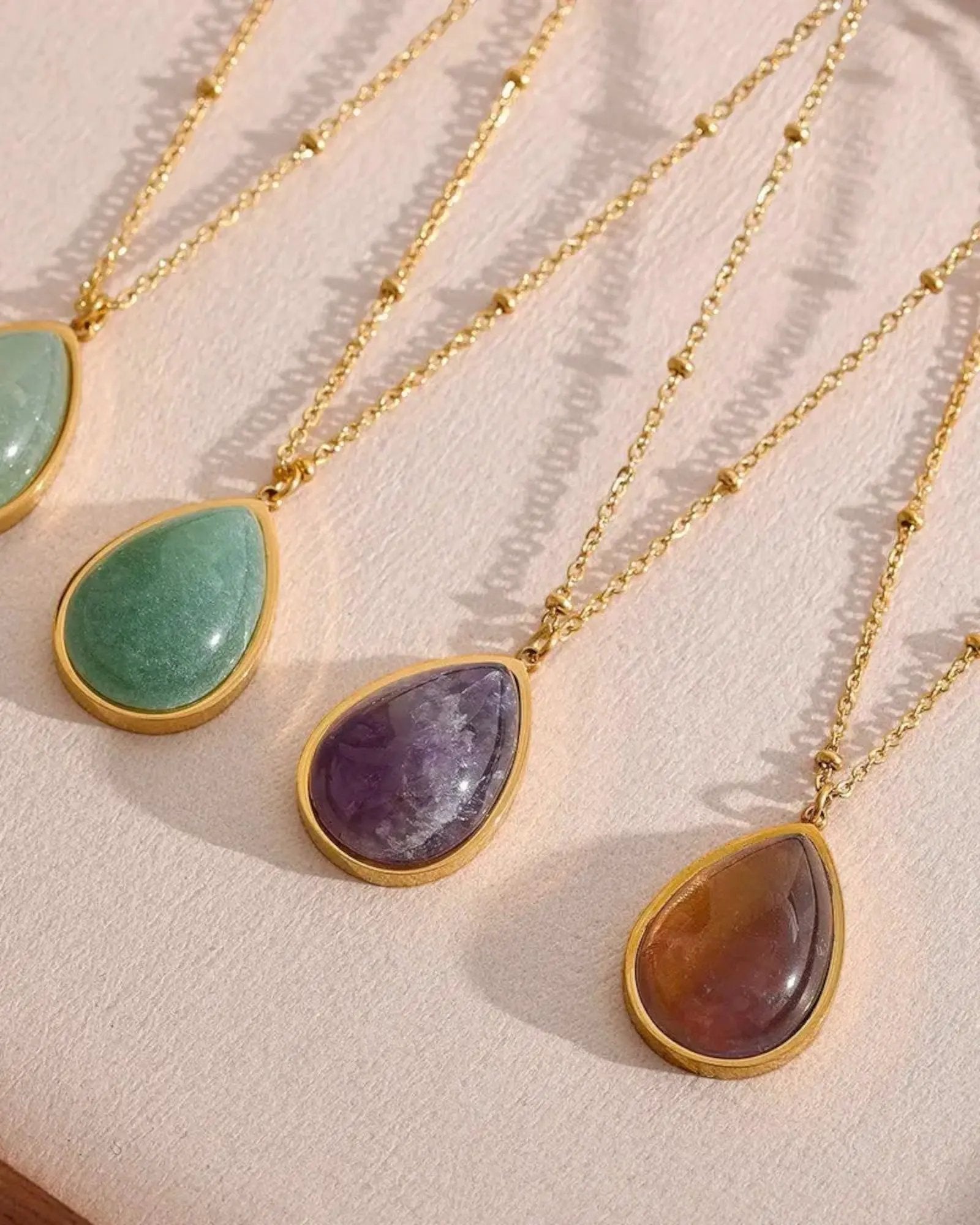 Amethyst Green Aventurine Water Drop 18K Gold PVD Plated Stainless Steel Necklace Pendant by Poised Me Jewelry Studio