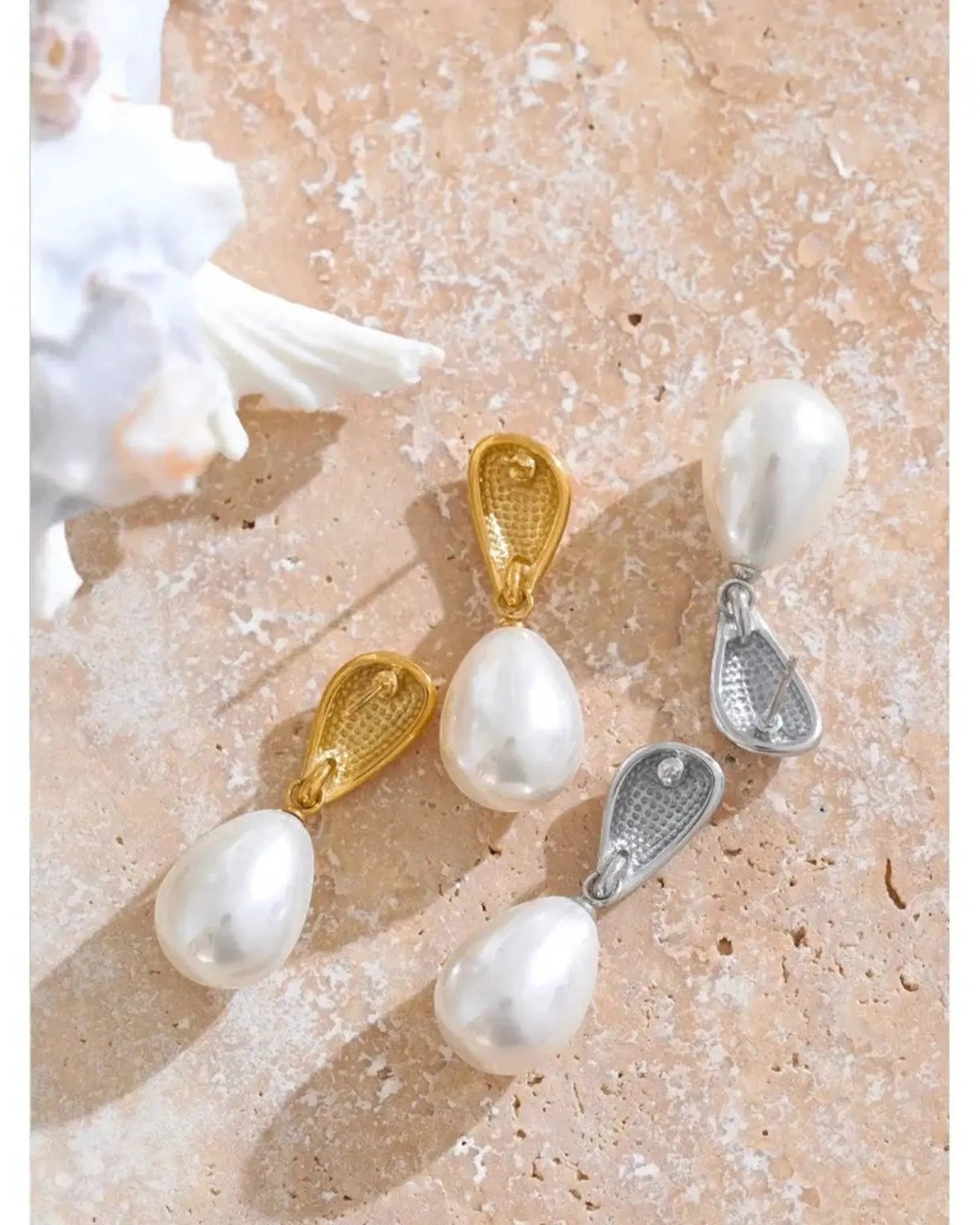Geometric Drop Simulated Pearl Earrings Gold Tone 18K Gold PVD Plated Stainless Steel by Poised Me Jewelry Studio