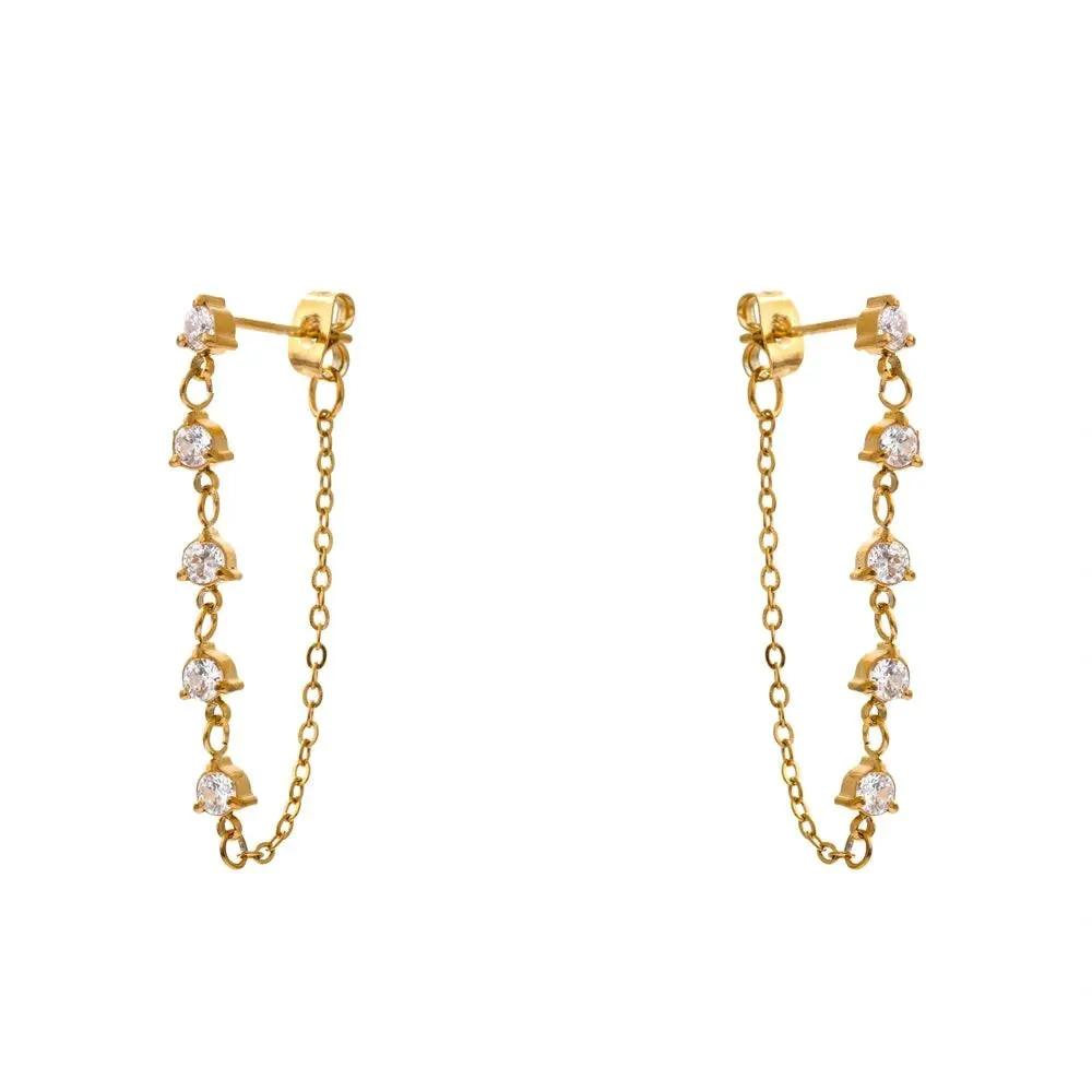 Cubic Zirconia Chain Drop 18K Gold PVD Plated Stainless Steel Earrings by Poised Me Jewelry Studio