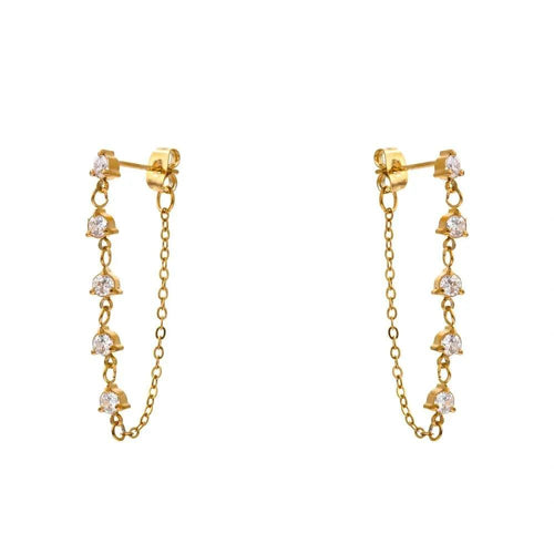 Cubic Zirconia Chain Drop 18K Gold PVD Plated Stainless Steel Earrings by Poised Me Jewelry Studio