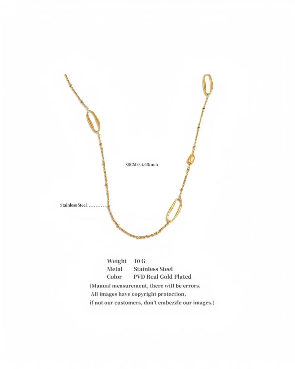 Oval Sweater Chain Long 18K Gold PVD Plated Stainless Steel Necklace 88cm by Poised Me Jewelry Studio