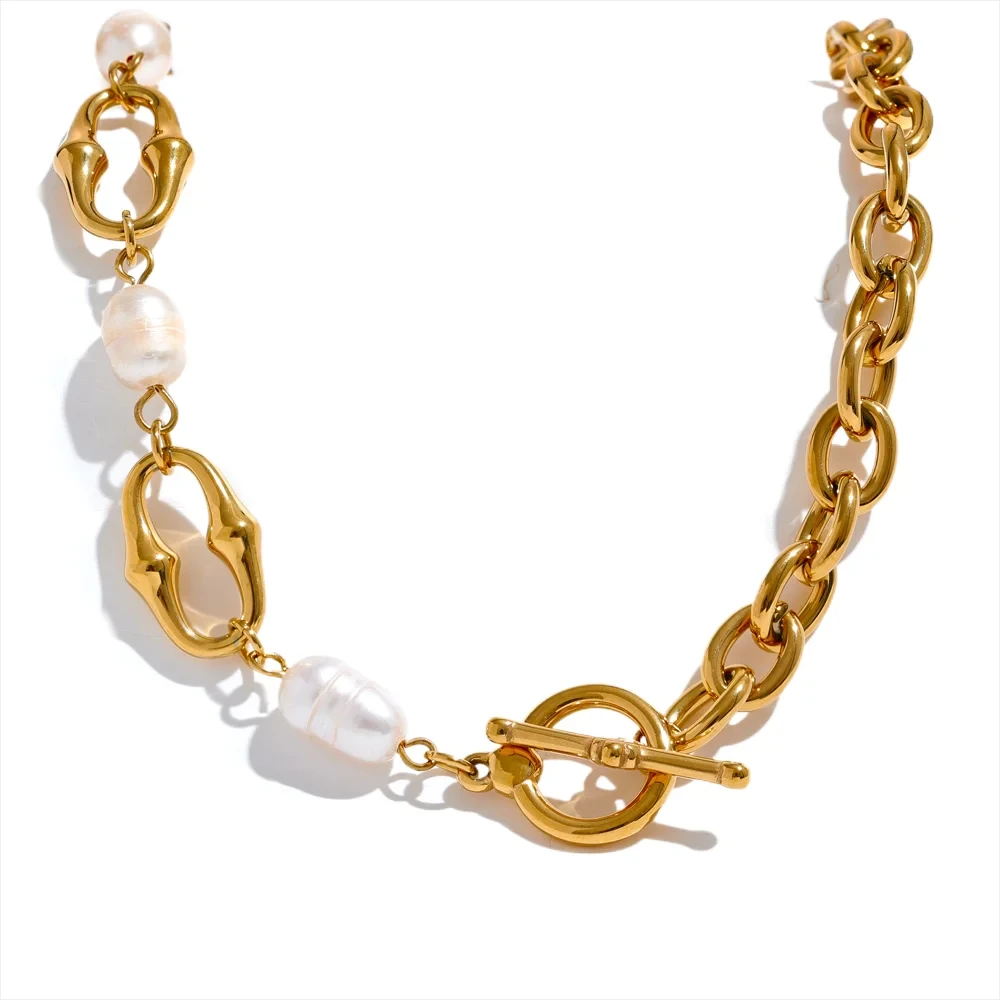 Freshwater Pearl & 18K Gold / Silver Chain Bracelet – Modern Sculptural Toggle Jewelry for Women by PoisedMe