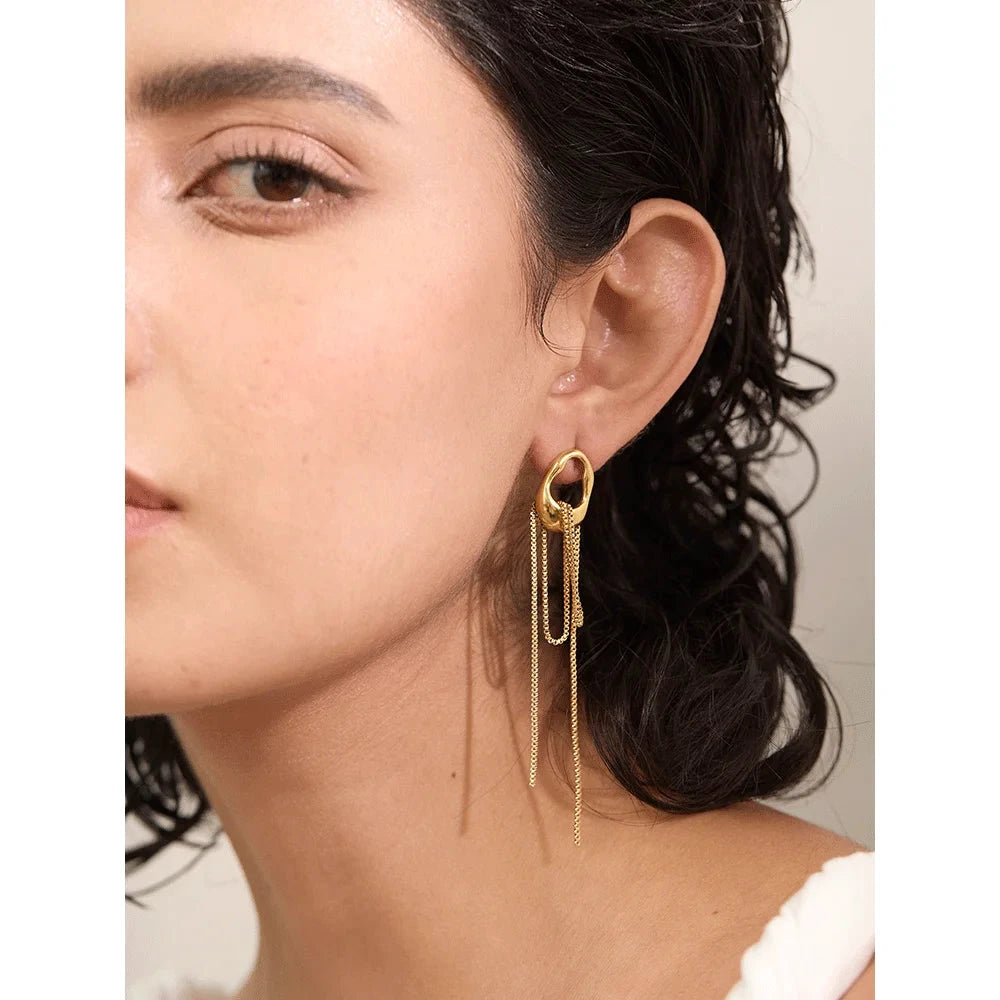 Gold-tone 316L stainless steel geometric tassel chain drop earrings for women, waterproof gift.