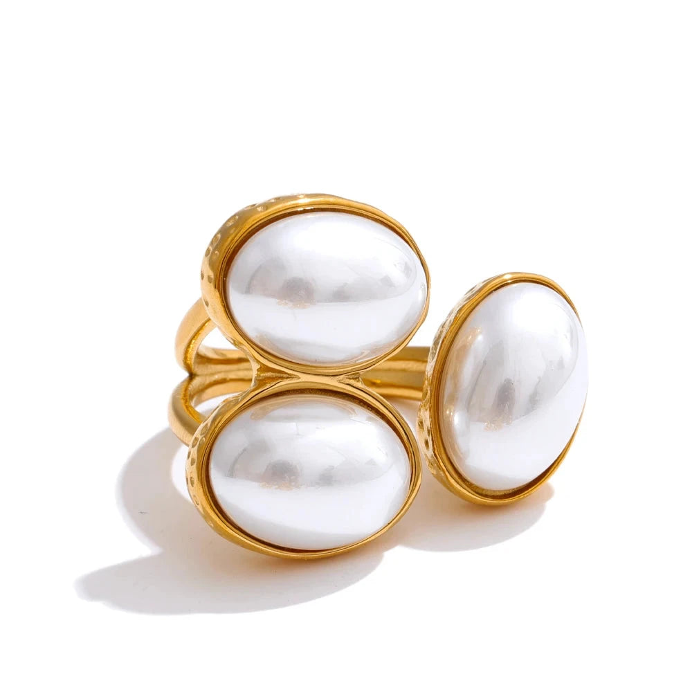 Natural Aventurine Agate Shell Pearl Flower Adjustable Stainless Steel Ring by PoisedMe