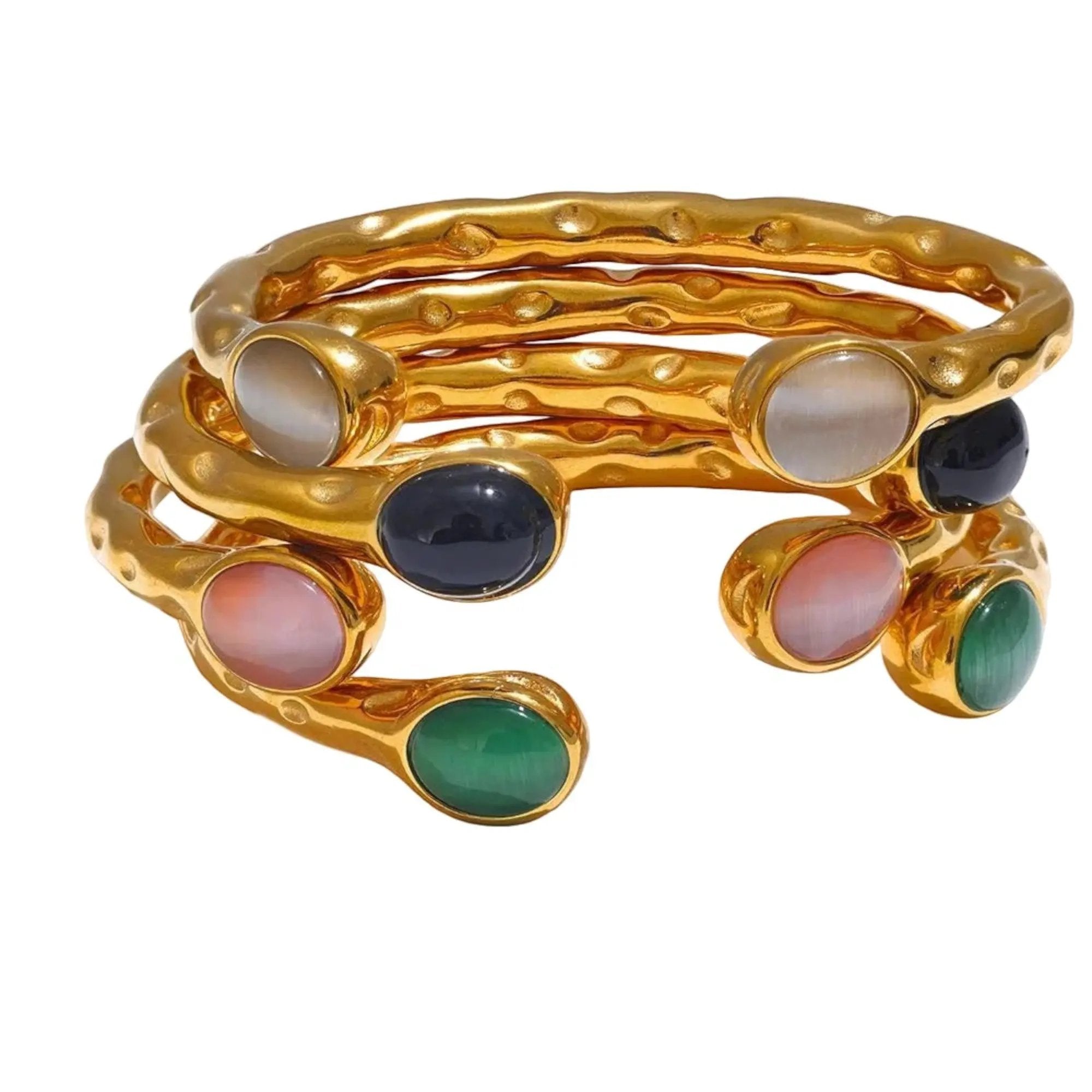 PoisedMe 62mm Stainless Steel Natural Stone Water Resistant Golden Open Cuff Bracelet - Bracelets