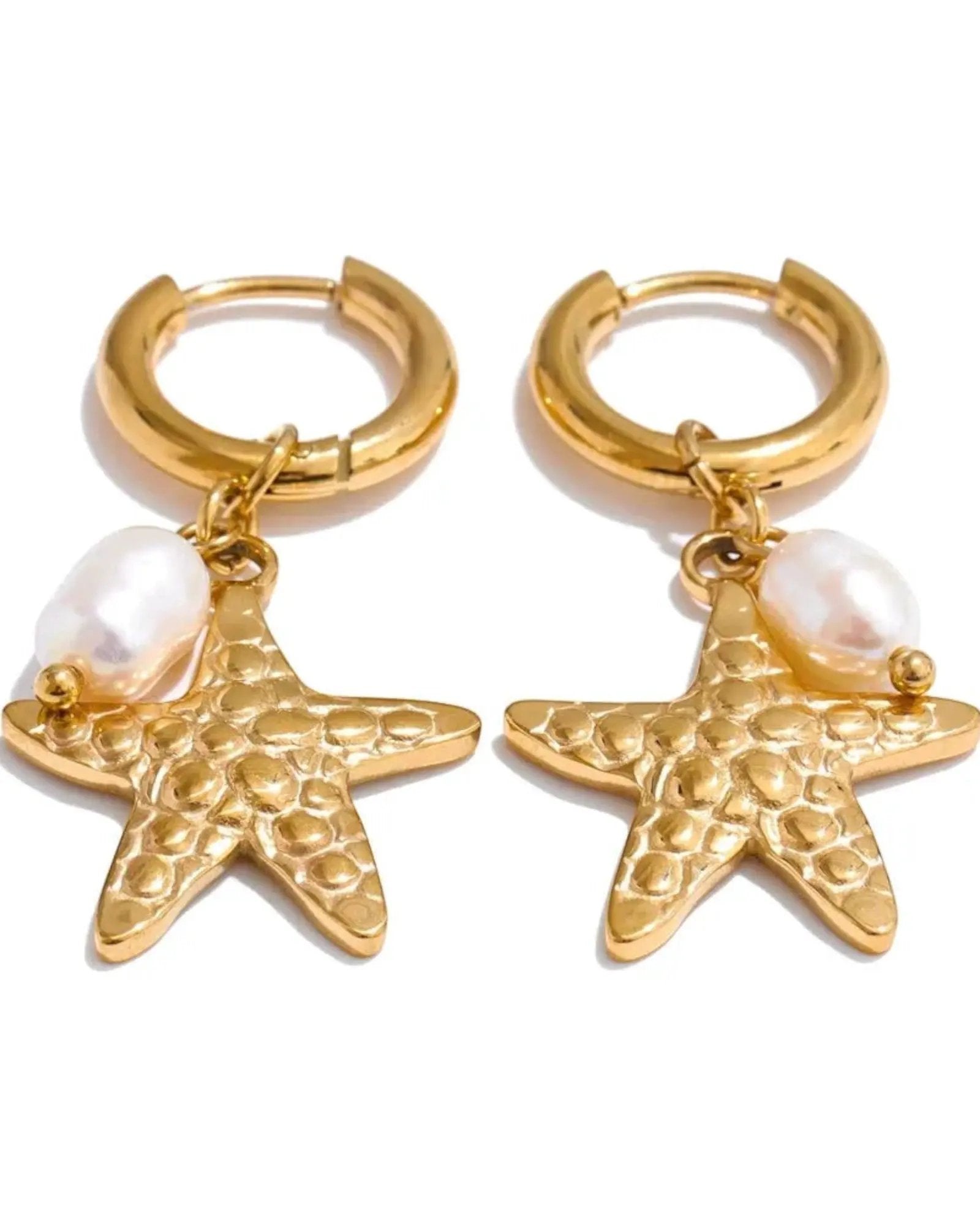 Ocean Style Natural Pearl Conch Shell Starfish Hoop 18K Plated PVD Stainless Steel Earrings Set For Women by Poised Me Jewelry Studio