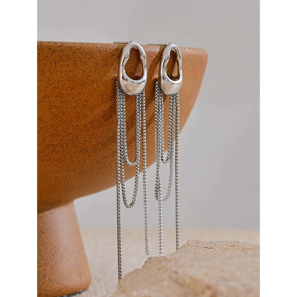 316L stainless steel geometric tassel chain drop earrings for women, durable and waterproof.
