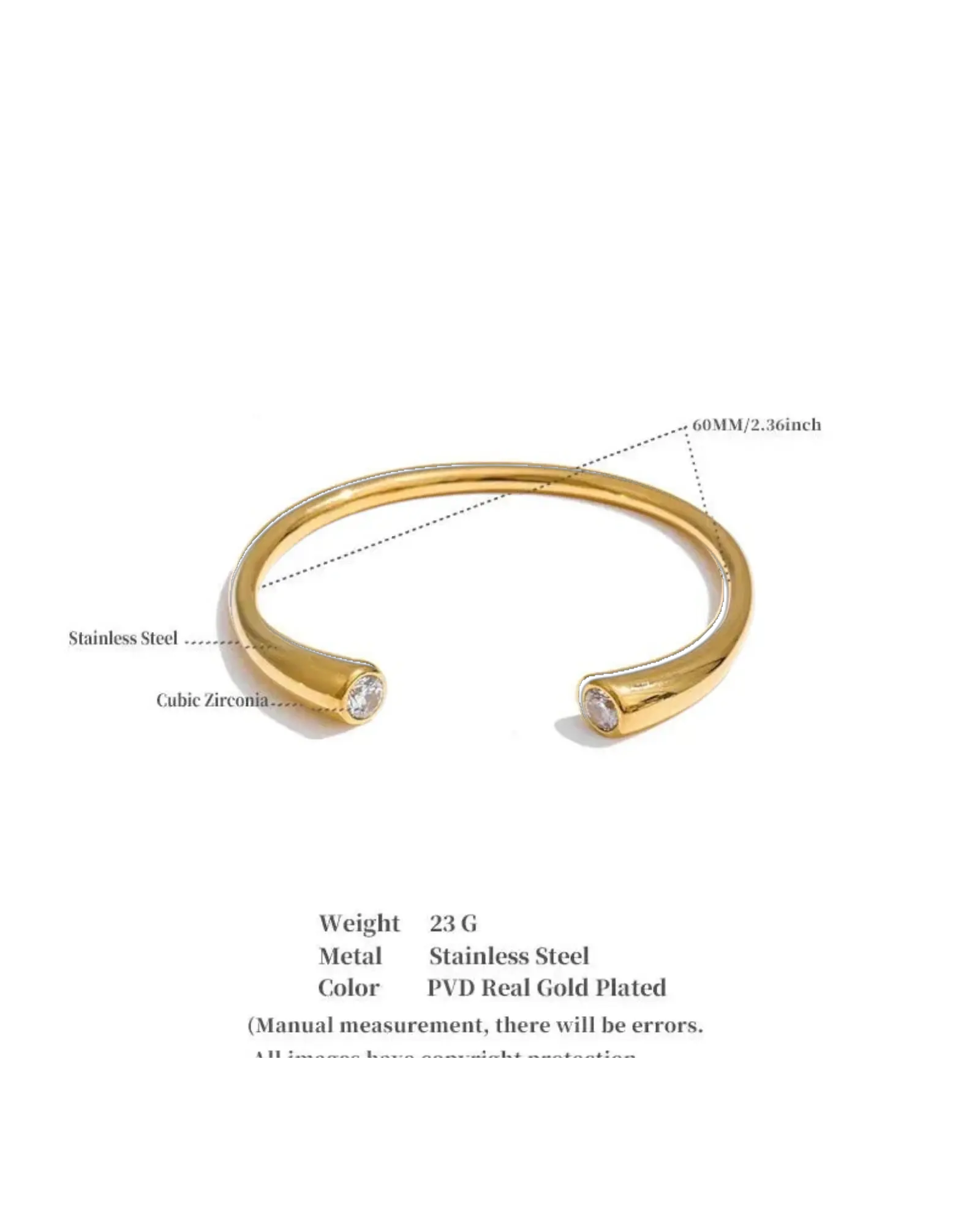 Cubic Zirconia 18K Gold PVD Plated Stainless Steel Open Cuff 60mm Bracelet For Women by Poised Me Jewelry Studio