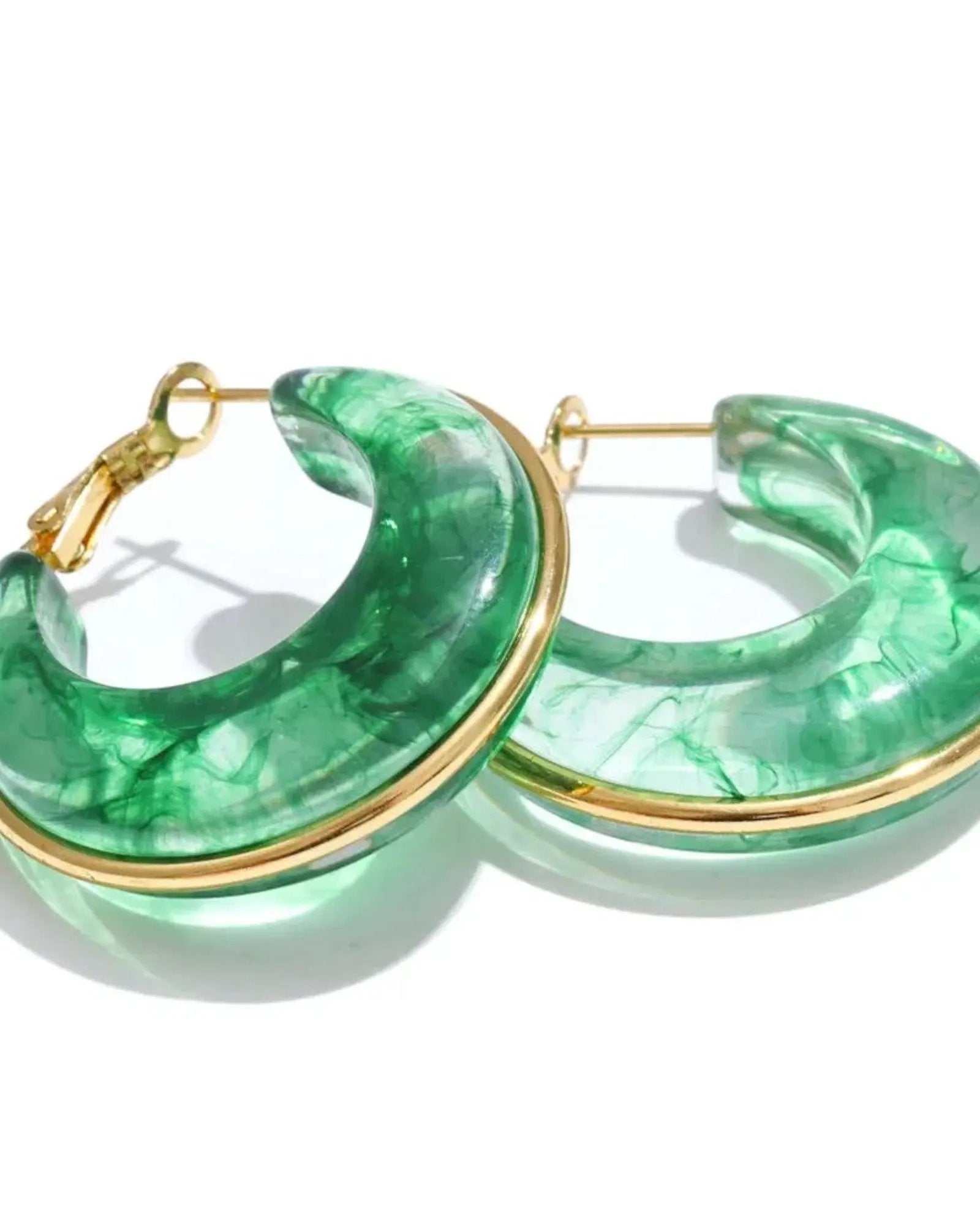 Green Marble Acrylic Hoop Earrings With 18K Gold PVD Plated Stainless Steel Trim For Women by Poised Me Jewelry Studio