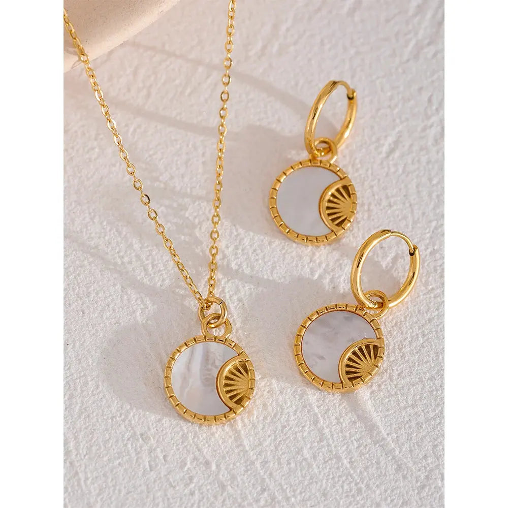 PoisedMe Charm Natural Shell Star Moon Round Pendant Drop Stainless Steel Necklace Earrings Jewelry Set for Women Accessories -