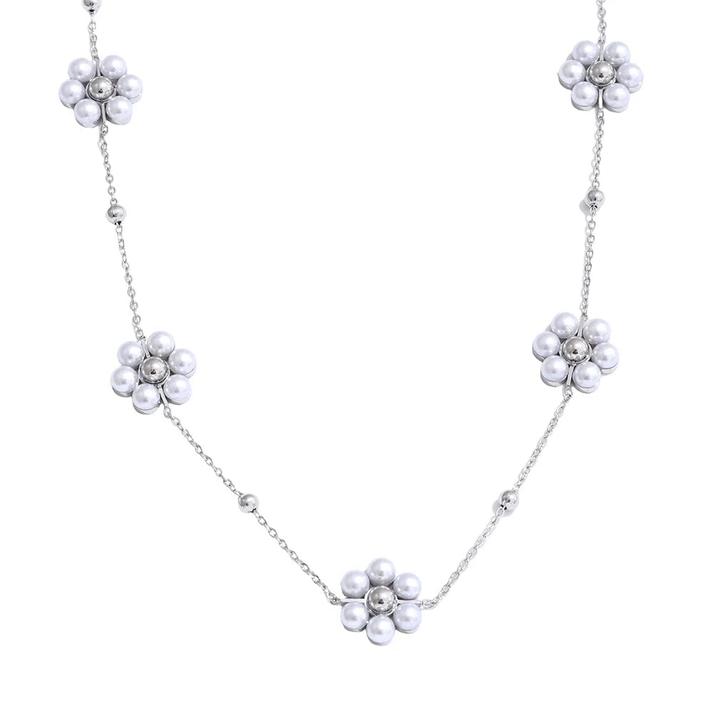 Fashion Imitation Pearls Handmade Flower Beads Chain Necklace Women 18K Gold Color PVD Stainless Steel Jewelry Waterproof by PoisedMe